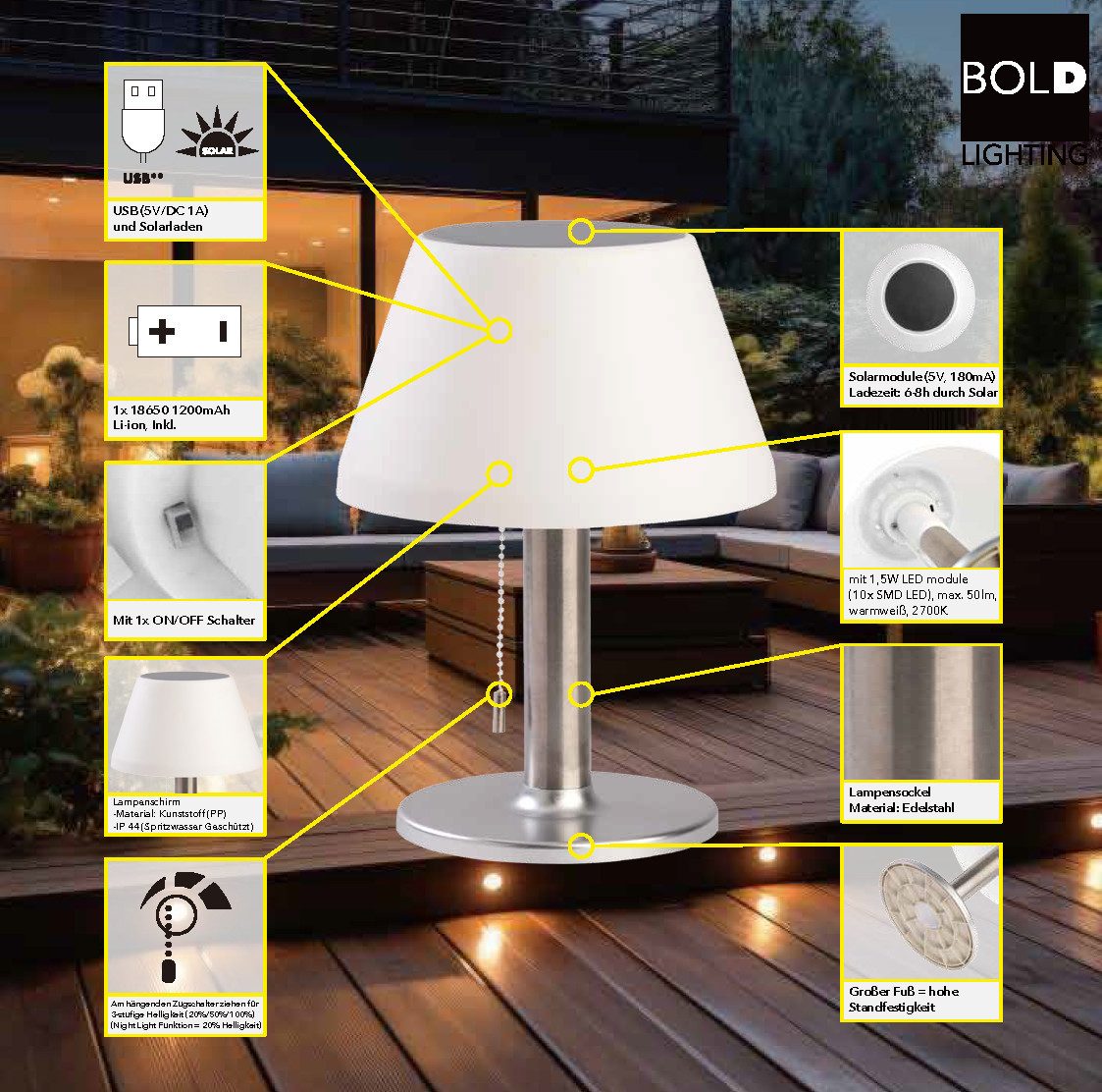 Die Bold GmbH LED Außen-Tischleuchte Sven, LED fest integriert, Warmweiß, Spritzwassergeschützt, Dimmbar, Nachtlicht, ca. 6h Akku, Warmweiß