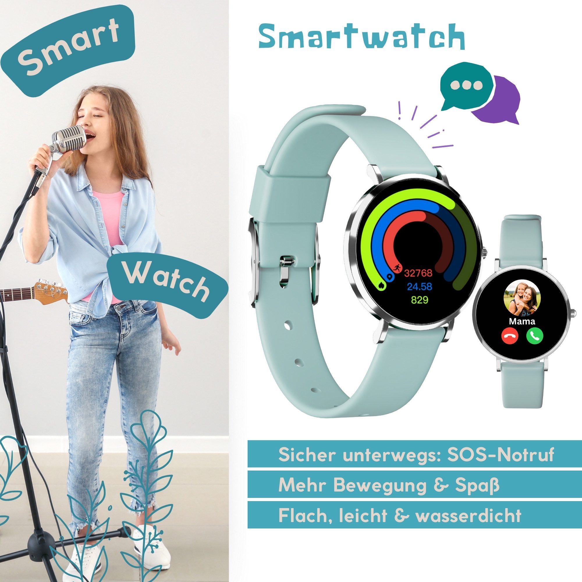 XCOAST XCOAST, LINO-Time, extra kleine Kinder Smartwatch (3,7 cm) Set, 2-tlg., 6 Tage Akku, Sportfunktion, SOS NOTRUF, 6 Tage Akku, IP68 wasserdicht, Edelstahl, flach