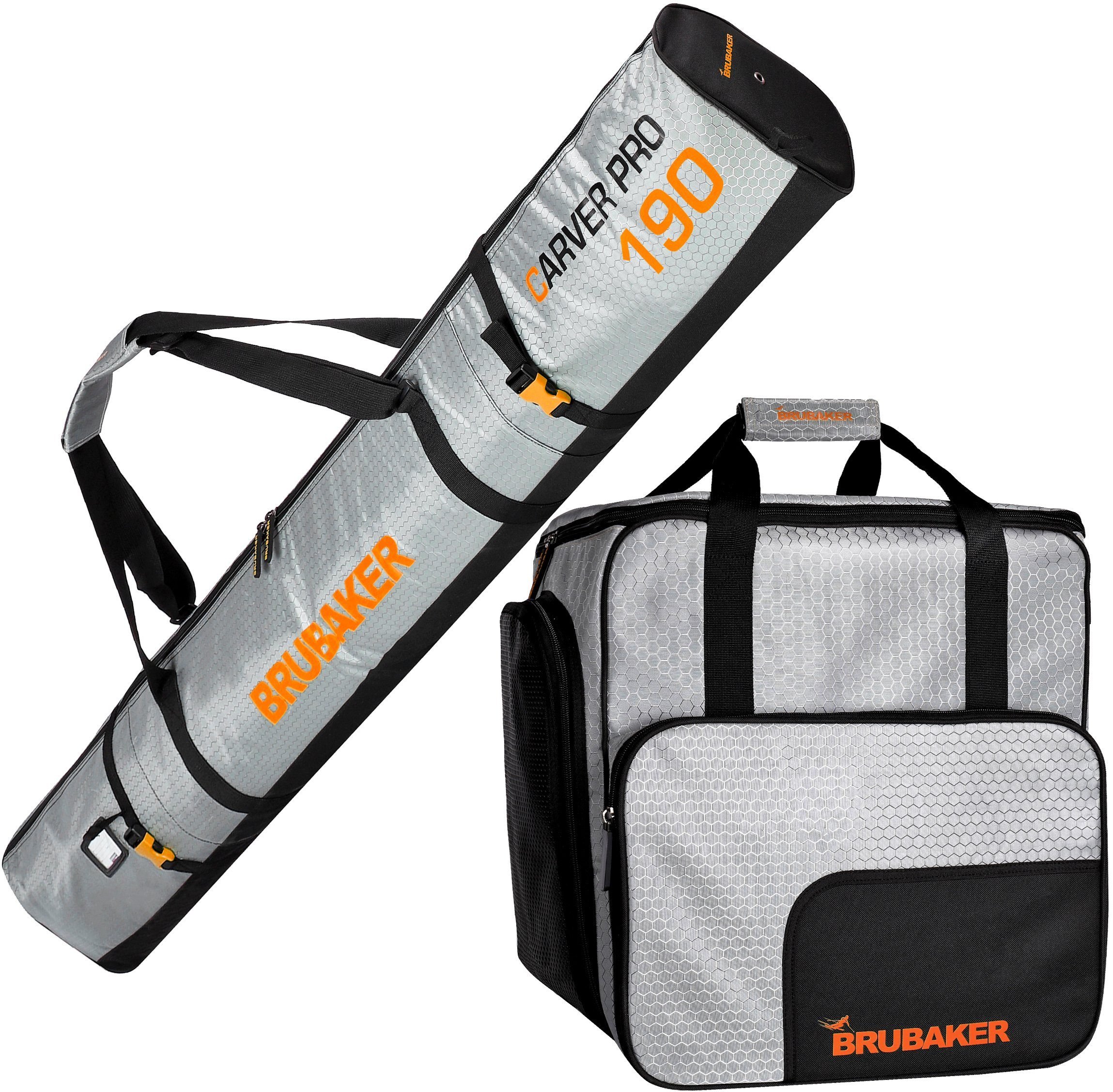 BRUBAKER Sporttasche CarverTec Pro Skitasche Kombi Set (2-tlg., reißfest und nässeabweisend), Skisack und Skischuhtasche für 1 Paar Ski Orange und Silber