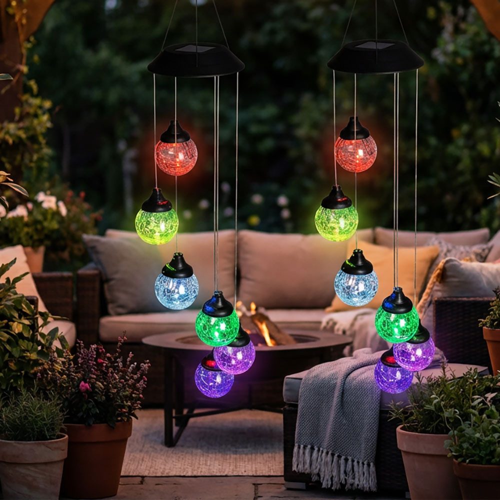 Haushalt International Außen-Deckenleuchte, LED-Leuchtmittel fest verbaut, Farbwechsel, RGB LED Solar Windspiel Hängeleuchte Außen Glas Kugel 2er Set