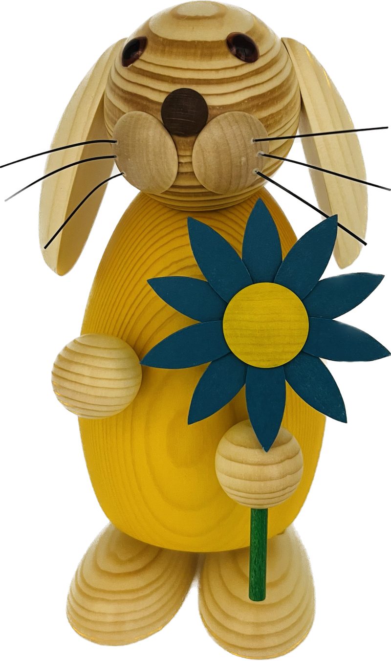 Richard Glaesser Osterhase gelb mit Blume (25cm), Hase aus Holz, Handwerkskunst original Erzgebirge