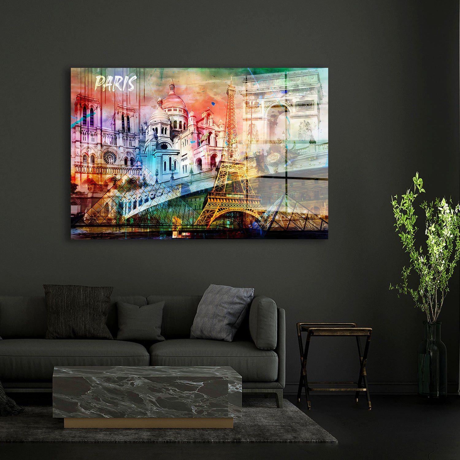 Artedinoi Acrylglasbild Paris Collage Acrylglasbild Wandbild Triumphbogen Rosa Türkis Bunt XXL, Paris Collage mit Kathedrale, Basilika, Eiffelturm, Triumphbogen und Glaspyramide