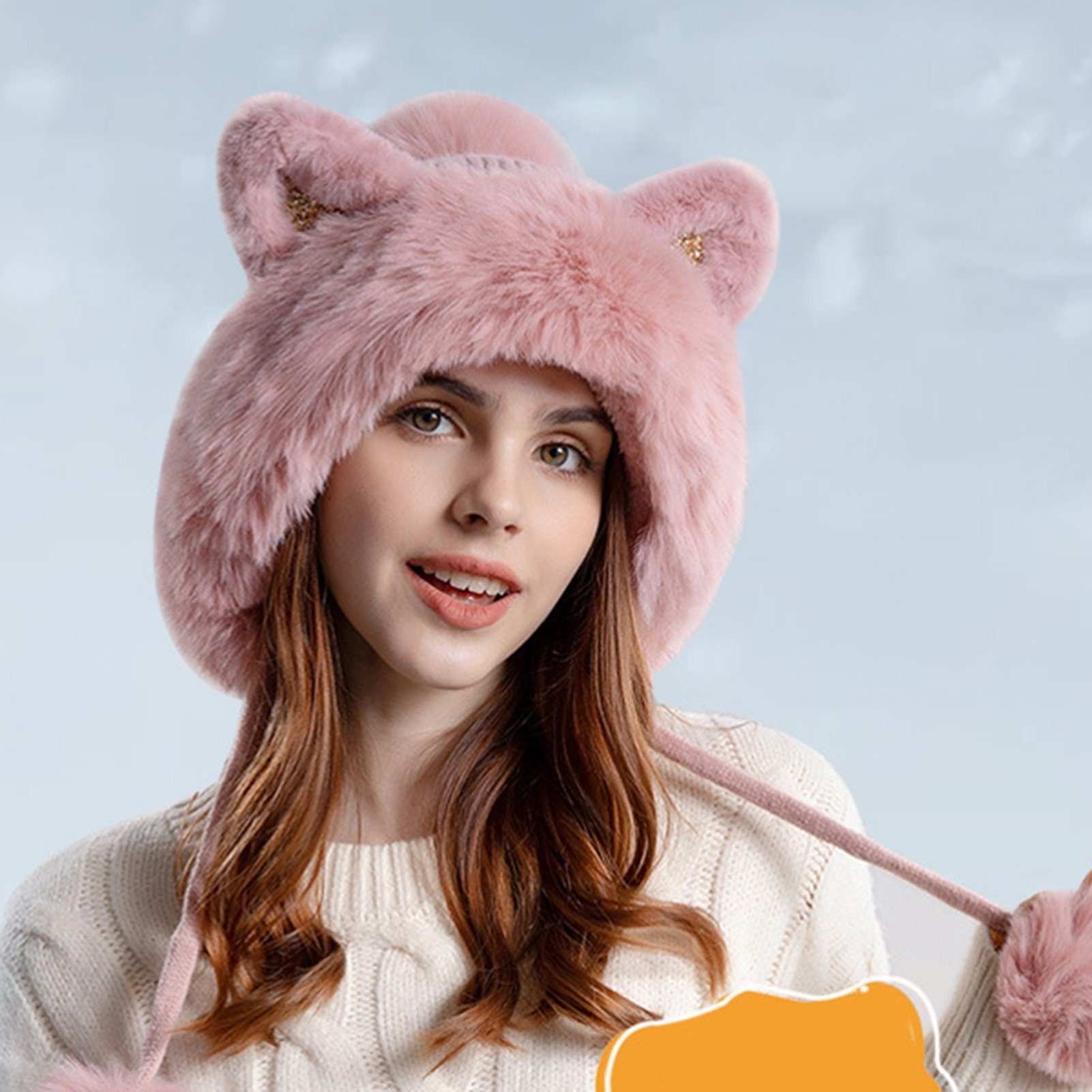 Rutaqian Plüschmütze Damen Wintermütze und Dicke Pom Strickmütze Plüsch Wollmütze (Niedliche Katzenohren DREI Haarknäuel Warme Plüsch Mütze, Winter Beanie Mütze Plüsch Ohrenklappe Mütze) Thermal für Winter Outdoor Sport Rosa