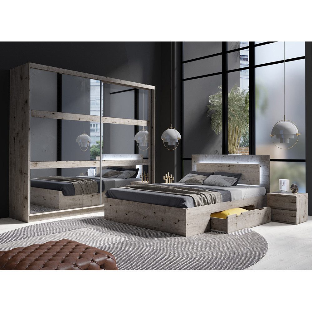 Lomadox Schlafzimmer-Set TORTONA-166, (Spar-Set, 4-tlg., Schwebetürenschrank Bettgestell Nachttische), Schlafzimmermöbel in Eiche, Bett 180x200cm, Schwebetürenschrank 230cm
