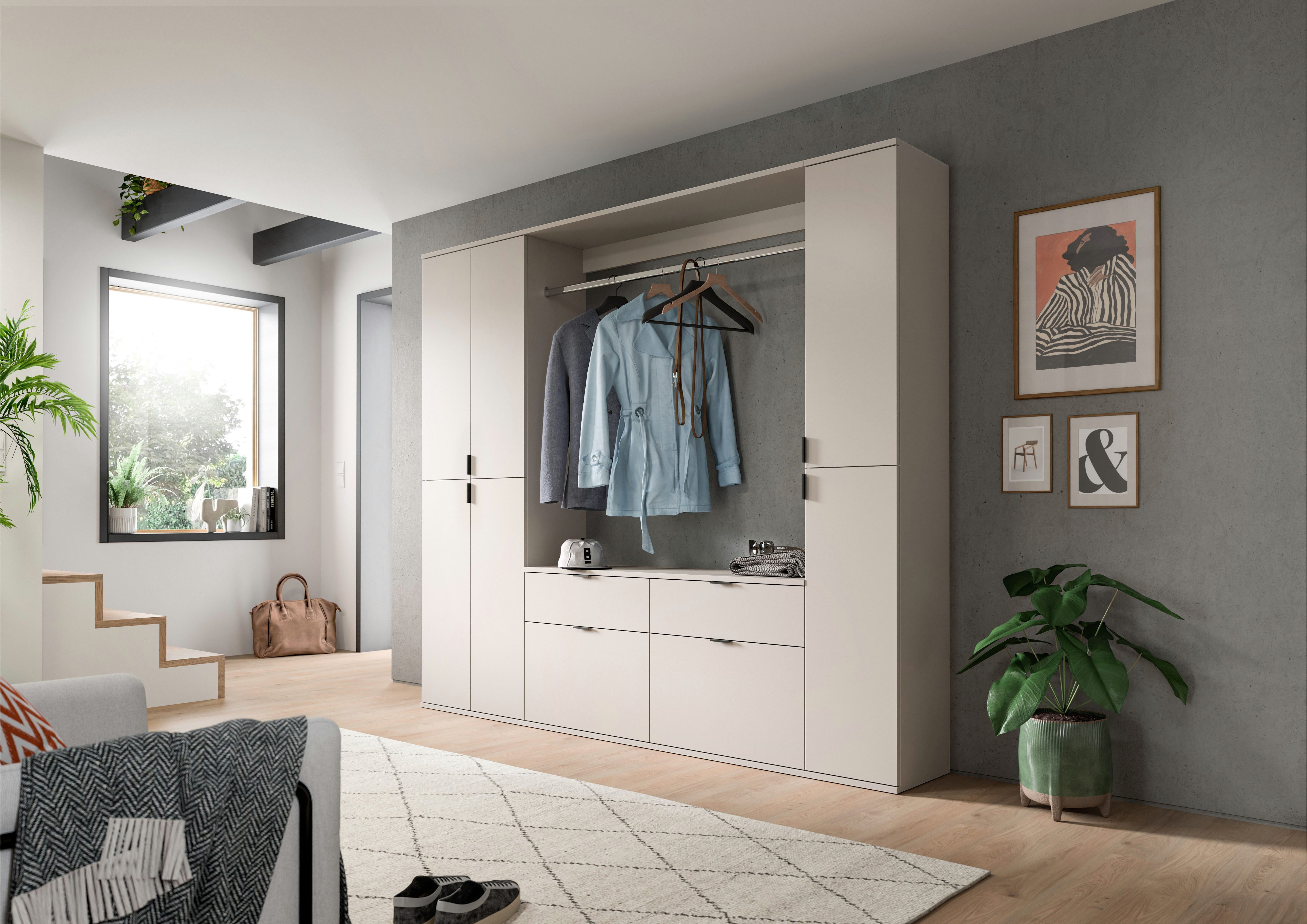 Home affaire Garderoben-Set TRONDHEIM, 5-teilig, Breite 212cm, individuell platzier- & erweiterbar, (Set, 4-St., bestehend aus: 2x Garderobenschrank & 3-tlgs. Zwischenbauelement), Garderobenschrank, Kleiderschrank, Schrankkombination, Garderobe