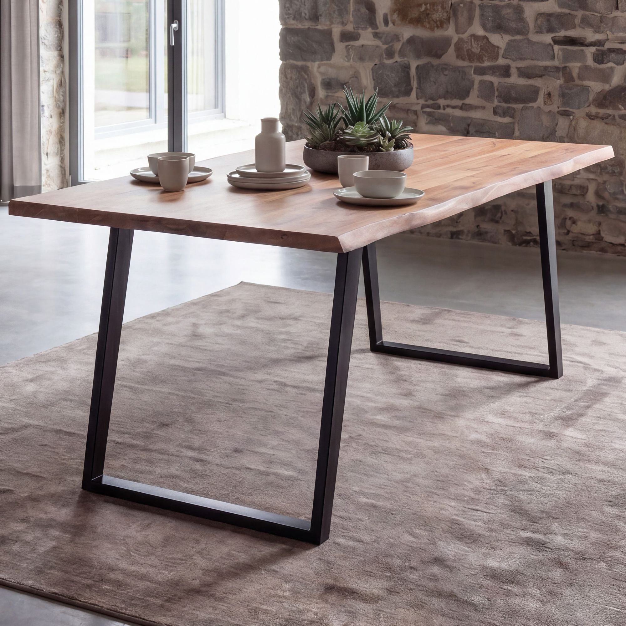 FINEBUY Esstisch FB68317 Esszimmertisch Akazie Massivholz Metall Küchentisch Baumkante (140x80x76 cm Akazie Massivholz, Baumkante Modern), Esszimmertisch U-Beine, Holztisch Esszimmer