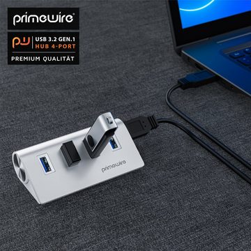 Primewire USB-Adapter 1× USB Typ A Stecker zu 4 x USB 3.2 Gen2 Buchse, 4 Port USB 3.2 Gen2 Hub Aktiv Verteiler mit Netzteil, Alugehäuse