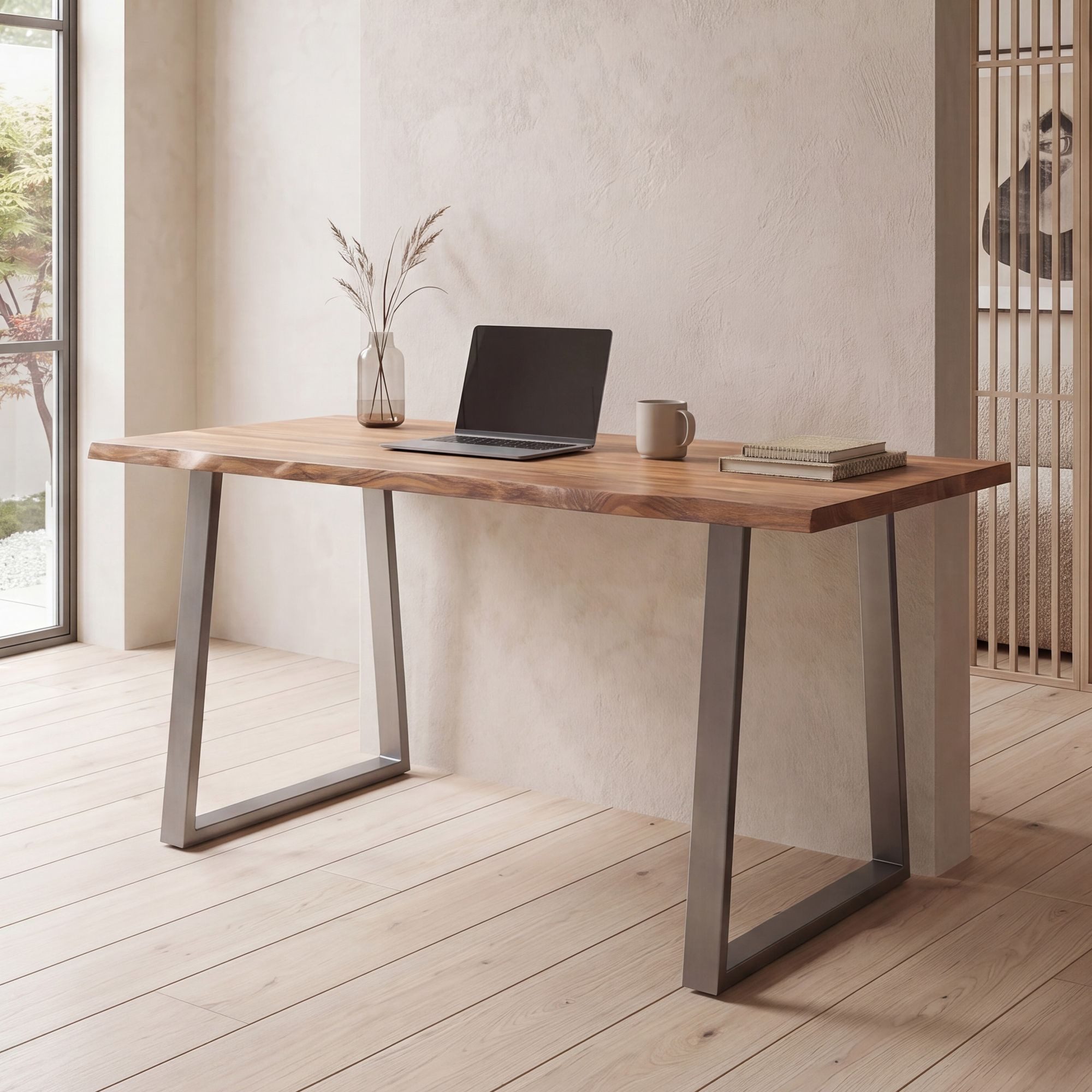 FINEBUY Schreibtisch FB68339 Akazie Massivholz Metall Bürotisch Computertisch (Baumkante Modern, 140x80x76 cm Akazie Massivholz), Bürotisch Trapezbeine, Computertisch Home Office