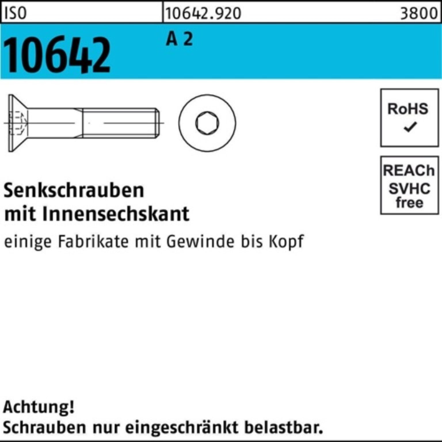 Stück Senkschraube A 10642 100er Senkschraube 100 M10x Reyher 20 Pack ISO 2 Innen-6kt ISO