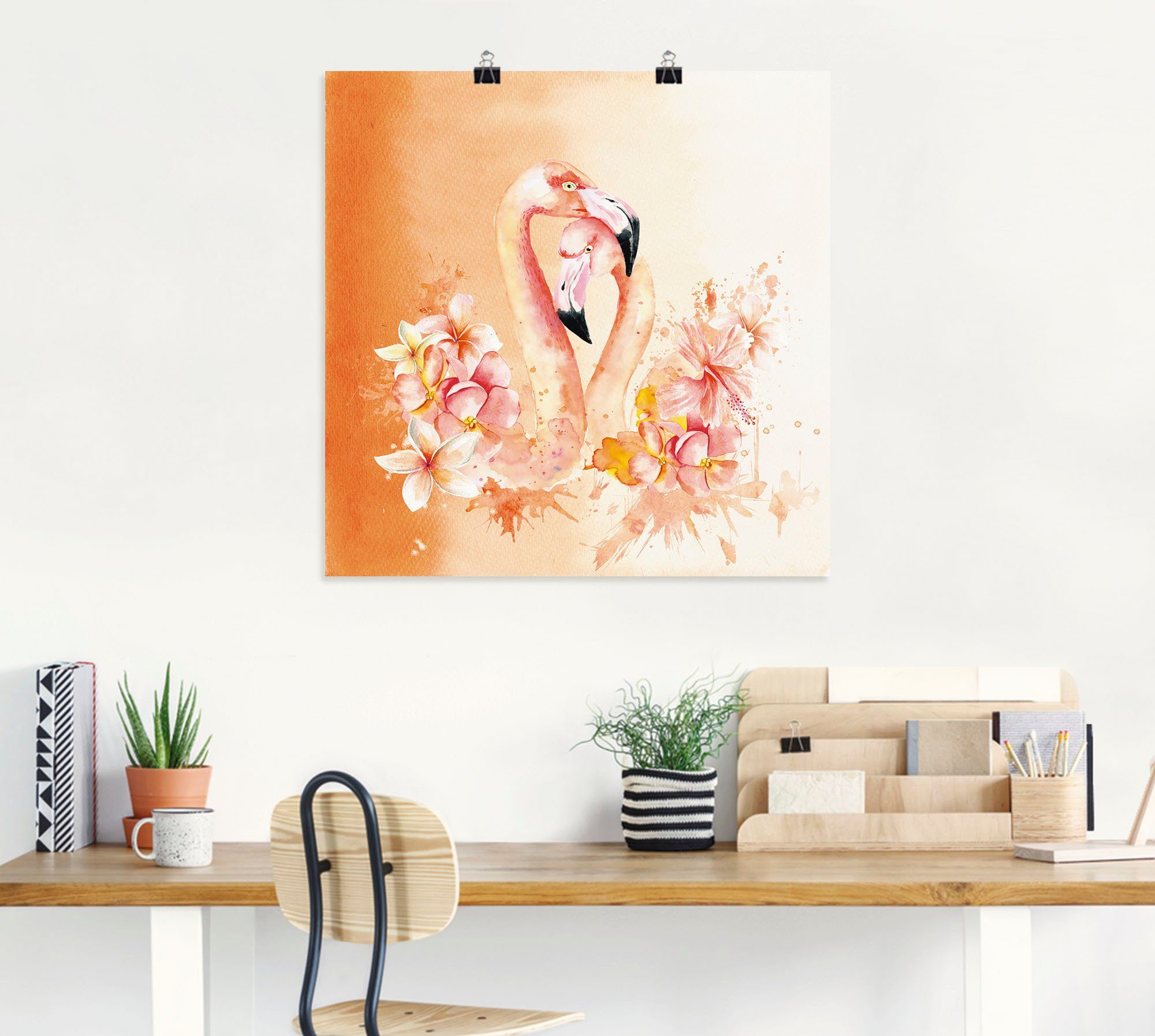 Artland Wandbild Orange Flamingo in oder Vögel Größen versch. (1 Love- in St), Alubild, Leinwandbild, Wandaufkleber als Illustration, Poster