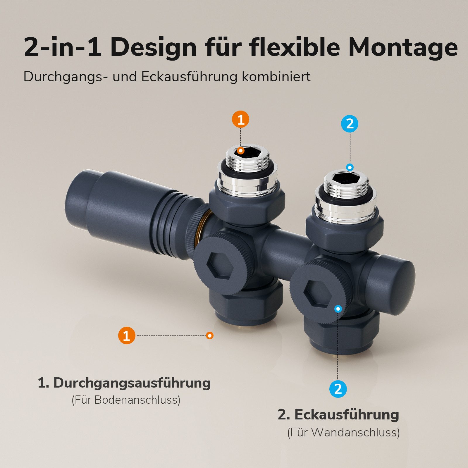 Heilmetz Heizkörperthermostat Multiblock Set für Heizkörper Messing Anschlussarmatur, (Geeignet für 16 mm Mehrschichtrohre, 1 St., G 1/2", 50mm Anschluss mittig – Bild 2 von 5
