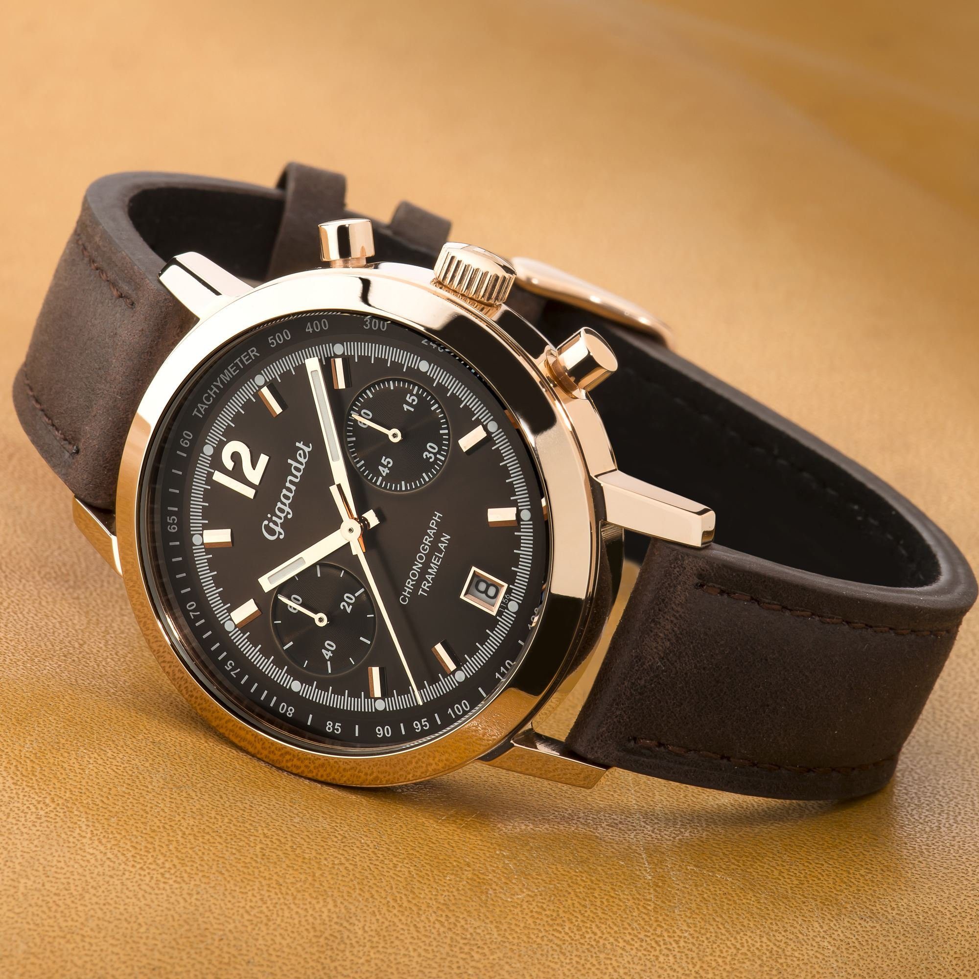 Gigandet Chronograph Armbanduhr, Herrenuhr, Sportuhr, 43mm, TRAMELAN G10-008, Mineralglas, Datumsanzeige, Lederband, 10bar/100m wasserdicht