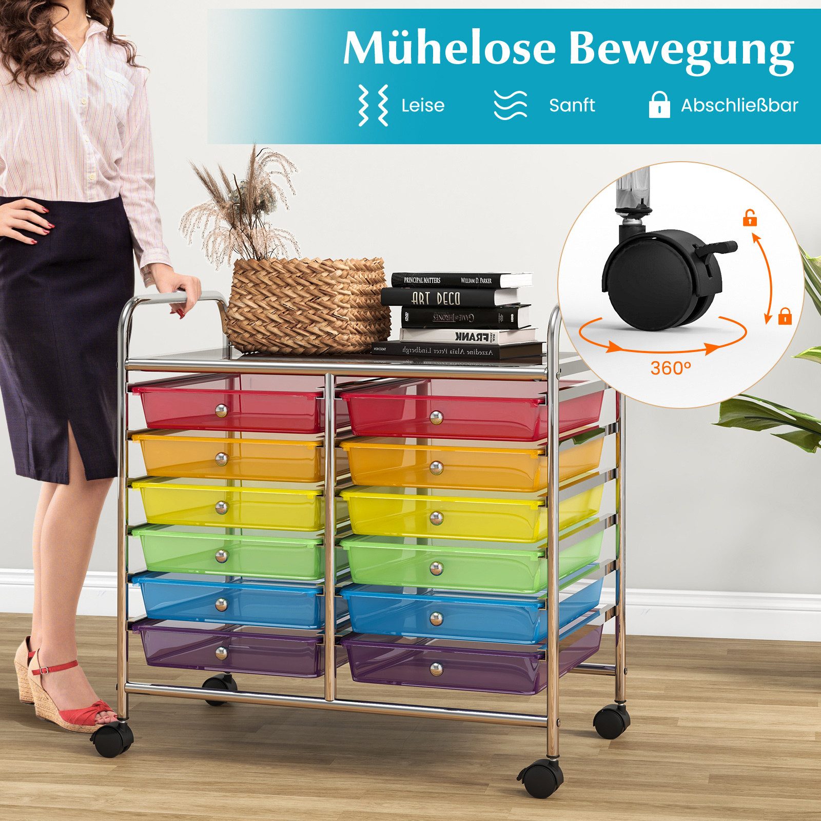 COSTWAY Rollcontainer, mit Schubladen Kunststoff, Rollwagen mit Rollen
