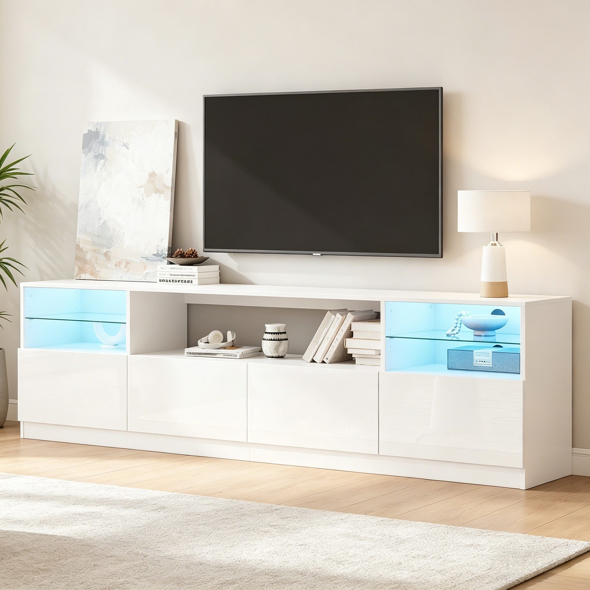 STILVORA Lowboard Hochglanz-TV-Schrank mit LED-Beleuchtung für Fernseher bis zu 75 Zoll (4 Türen, LED-Licht, Flügeltüren, Glasböden, Hochglanz, 180×35×60cm, Spanplatte, gehärtetes Glas, stabil, pflegeleicht), für Wohnzimmer, Esszimmer und moderne Entertainment-Bereiche