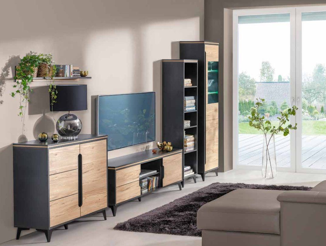 JVmoebel Wohnzimmer-Set, Edle Designer Wohnwand Grau Beige Wohnwände Vitrine Kommode