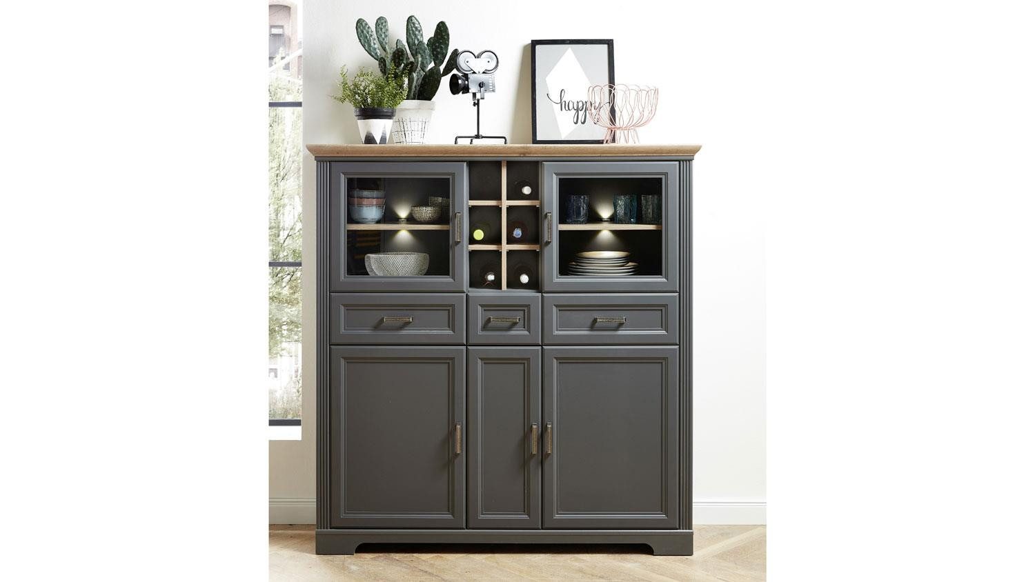 Innostyle Vitrine Highboard Jasmin Vitrine in graphit und Artisan Eiche 143x150 cm