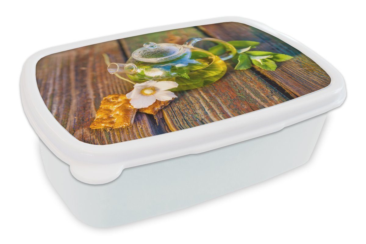 MuchoWow Lunchbox Gläserne Kinder Holztisch, weiß für und Erwachsene, Kunststoff, einem Mädchen auf und Brotdose, (2-tlg), Teekanne Jungs Brotbox für