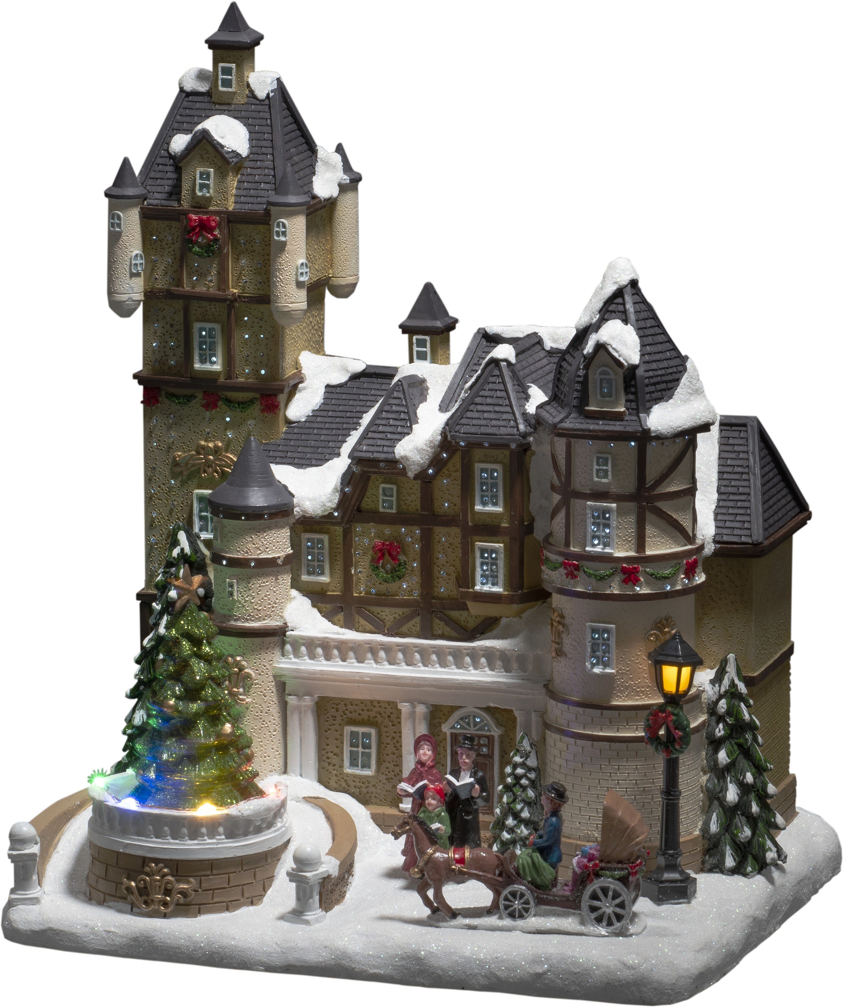 KONSTSMIDE Weihnachtsfigur Weihnachtsdeko (1 St), LED Fiberoptikhaus m. Burgszene + rotierendem Weihnachtsbaum, m. Musik