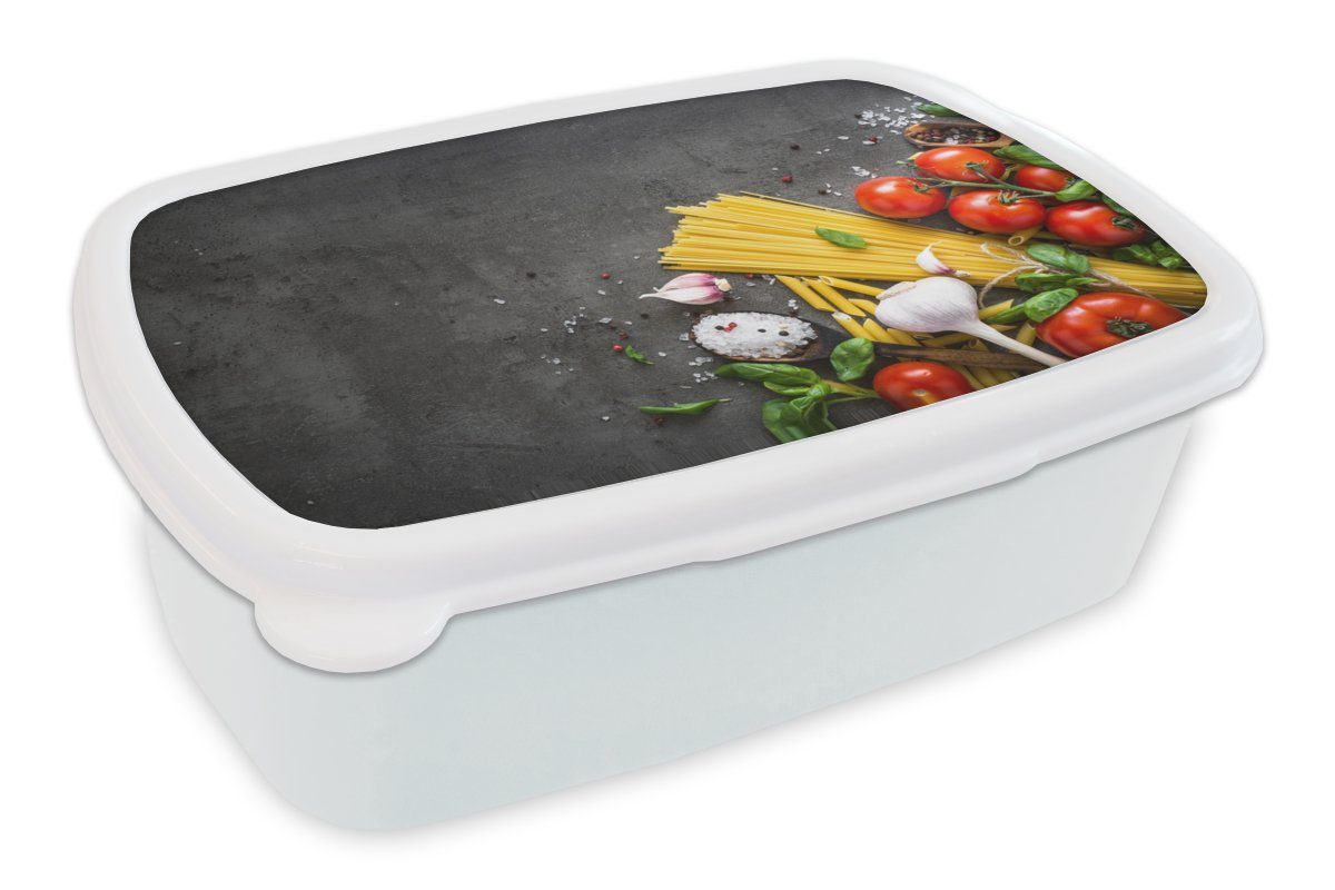 MuchoWow Lunchbox Nudeln - Kräuter - Tomate - Gewürze - Rustikal, Kunststoff, (2-tlg), Brotbox für Kinder und Erwachsene, Brotdose, für Jungs und Mädchen weiß