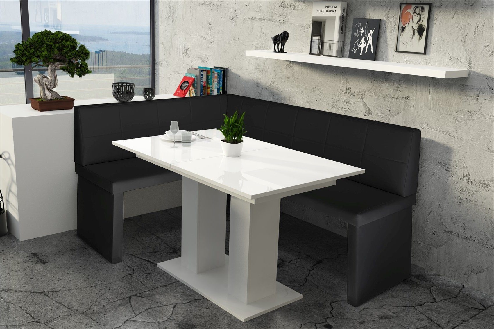 Fun Möbel Eckbankgruppe Eckbankgruppe „Robin“ in Kunstleder 168x128cm mit Tisch „Dante weiß“, ausziehbarer Tisch Schwarz
