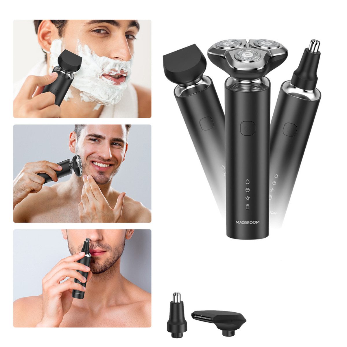 MAXGROOM Elektrorasierer M-8012, Abnehmbarer Scherkopf, Aufsätze: 3, Barttrimmer, 3in1 Elektrorasierer Set, 3in1 Rasierer mit IPX7 Wasserschutz und Trimmerfunktion