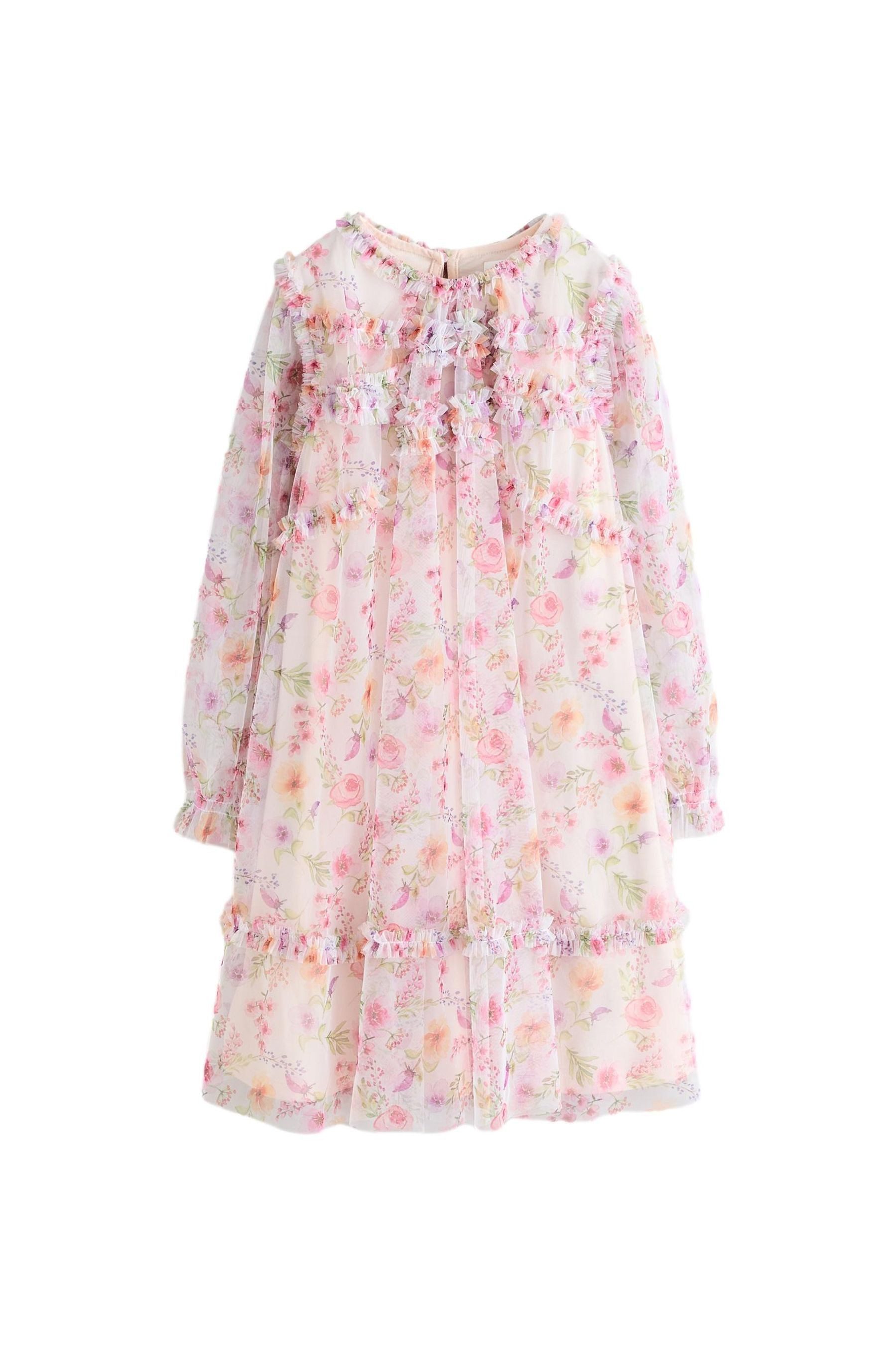 Next Partykleid Elegantes Mesh-Rüschenkleid mit langen Ärmeln (1-tlg)