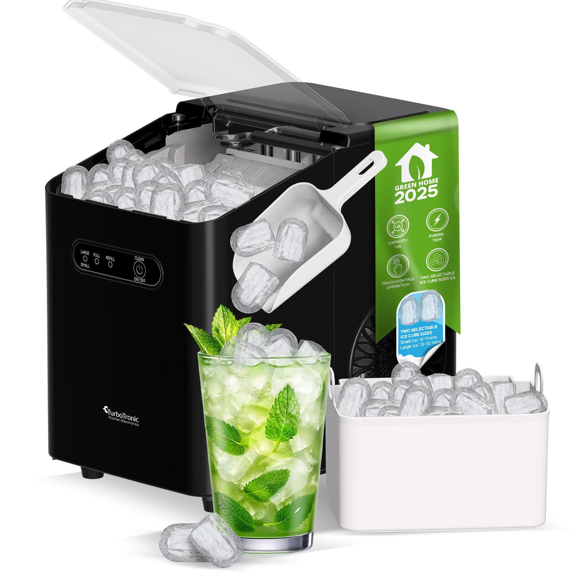 TurboTronic by Z-Line Eiswürfelmaschine 8 Eiswürfeln in 6 min Selbstreinigung 2 Eis-Würfel Größen, Eiswürfelbereiter, Ice Cube Maker, 1L Tank, tragbar mit Griff, < 55 db