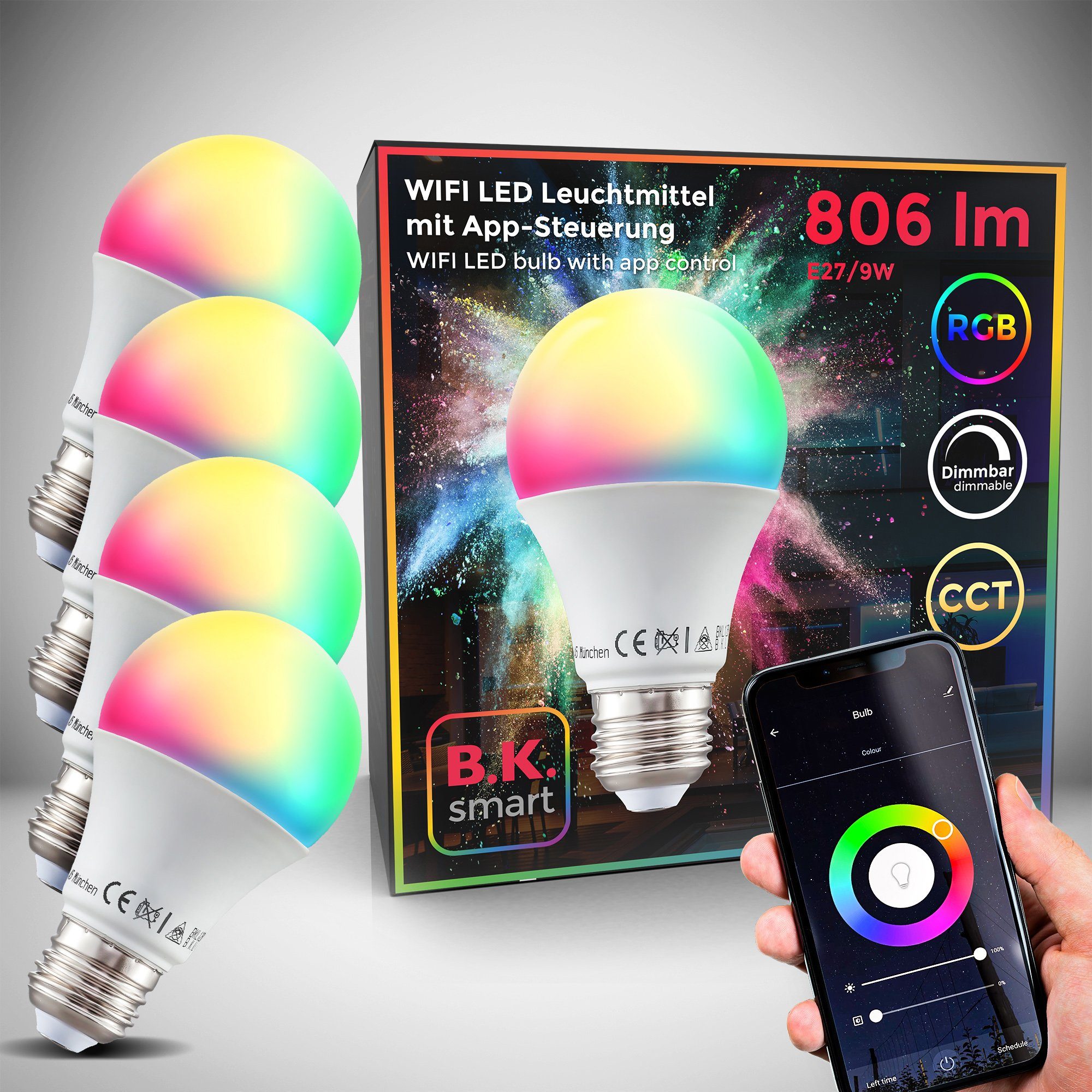 B.K.Licht LED-Leuchtmittel, E27, 4 St., Farbwechsler, Smart Home LED-Lampe,  RGB, WiFi, App-Steuerung, dimmbar | Deckenlampen