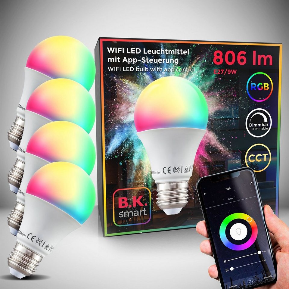 B.K.Licht LED-Leuchtmittel, E27, 4 St., Farbwechsler, Smart Home LED-Lampe,  RGB, WiFi, App-Steuerung, dimmbar