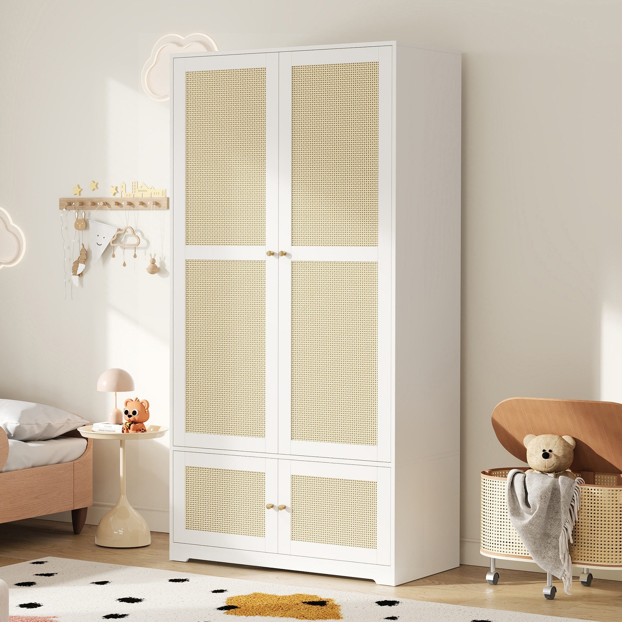 Odikalo Kleiderschrank Schrank Drehtürenschrank mit Rattan & Kleiderstange (2-türige, mit Stauböden, aus MDF und lackierten Fronten, weiß, 90 x 48 x 180cm)