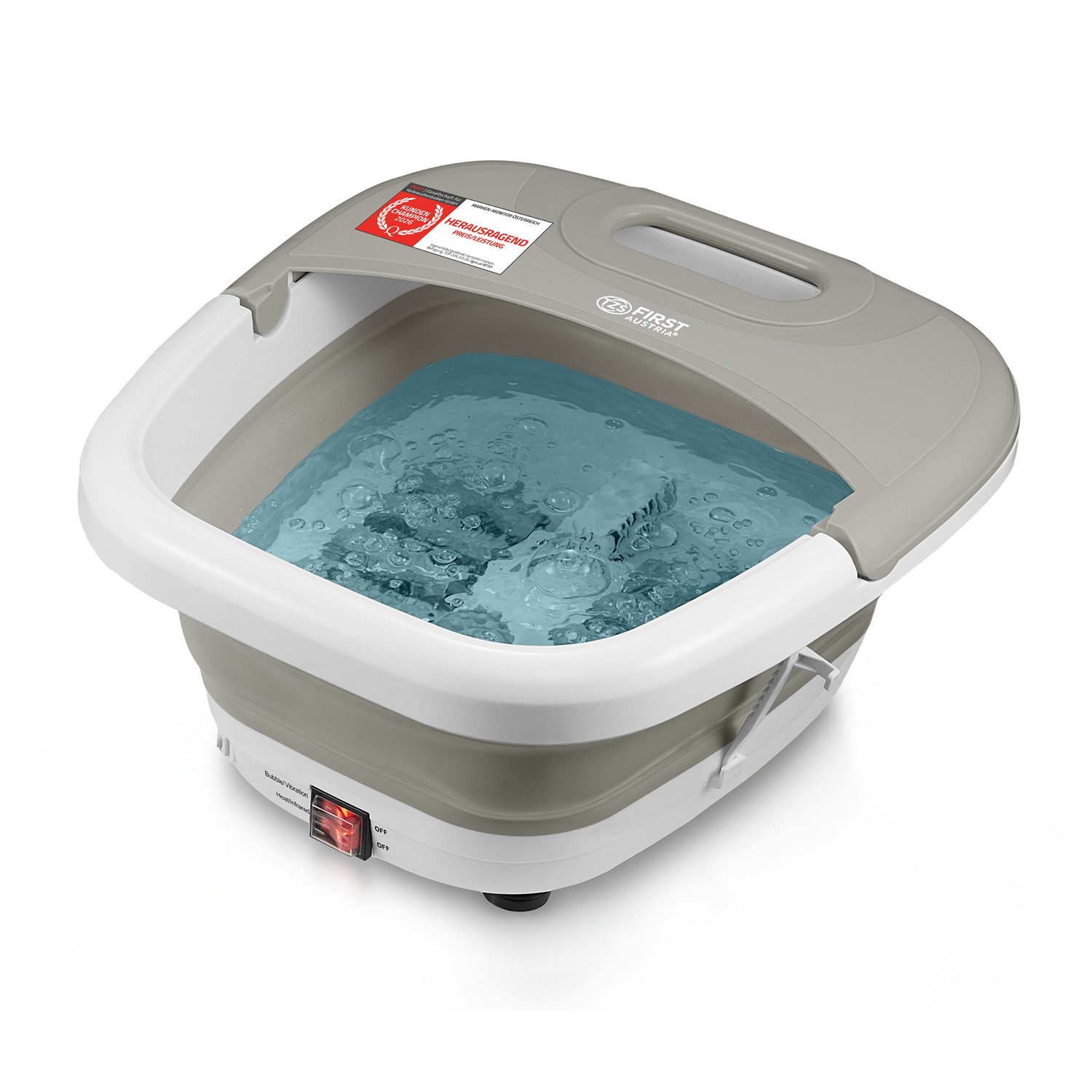 TZS FIRST AUSTRIA Fußmassagegerät mit Massagefunktion 500W, 3 Aufsätze & 8 Massagerollen, bis Größe 47, Vibrations- und Sprudelmassage, Rotlicht-LED & Heizfunktion, Klappbar