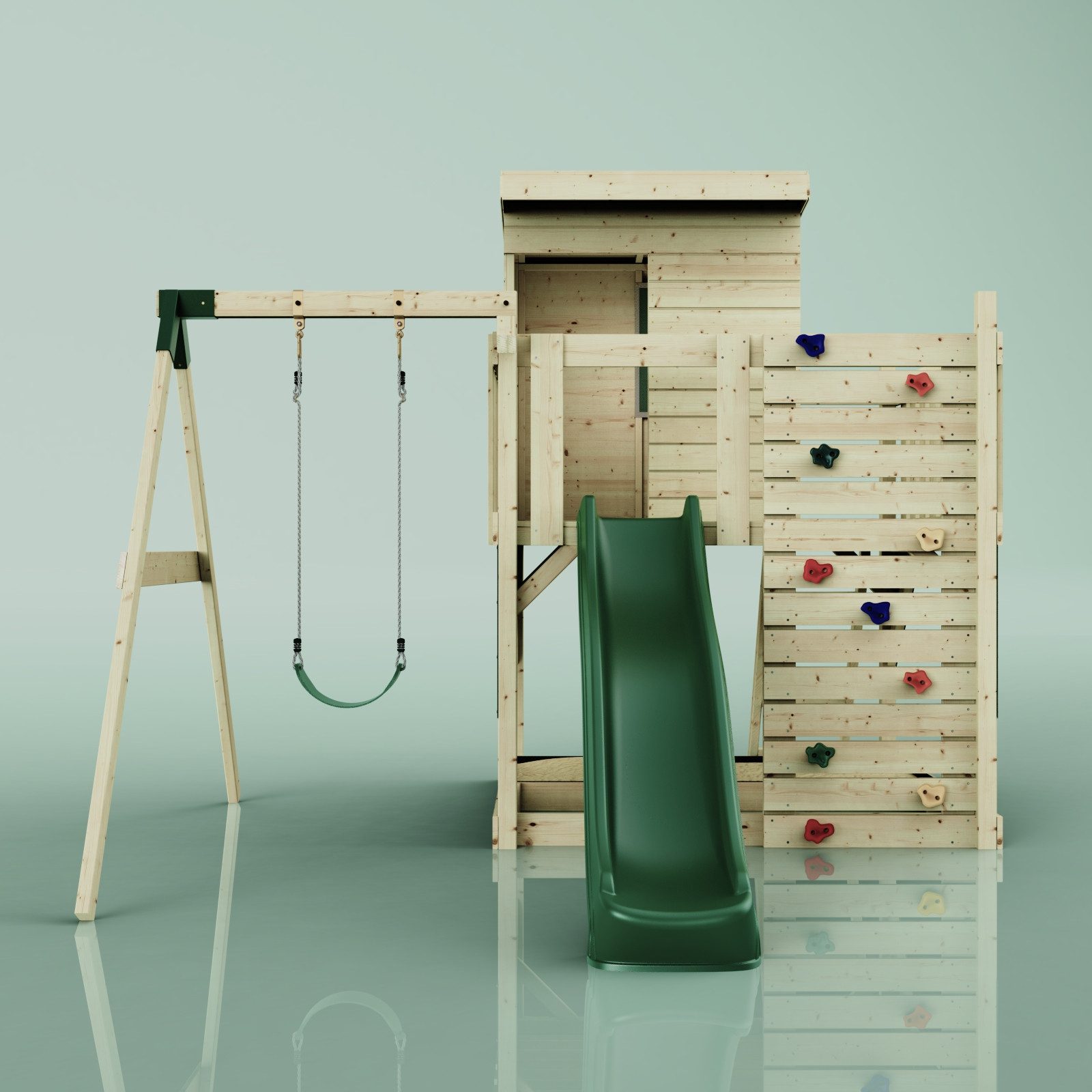 OutdoorToys Spielturm Alma, aus Holz in Dunkelgrün mit Kinderschaukel & Rutsche, Kletterwand