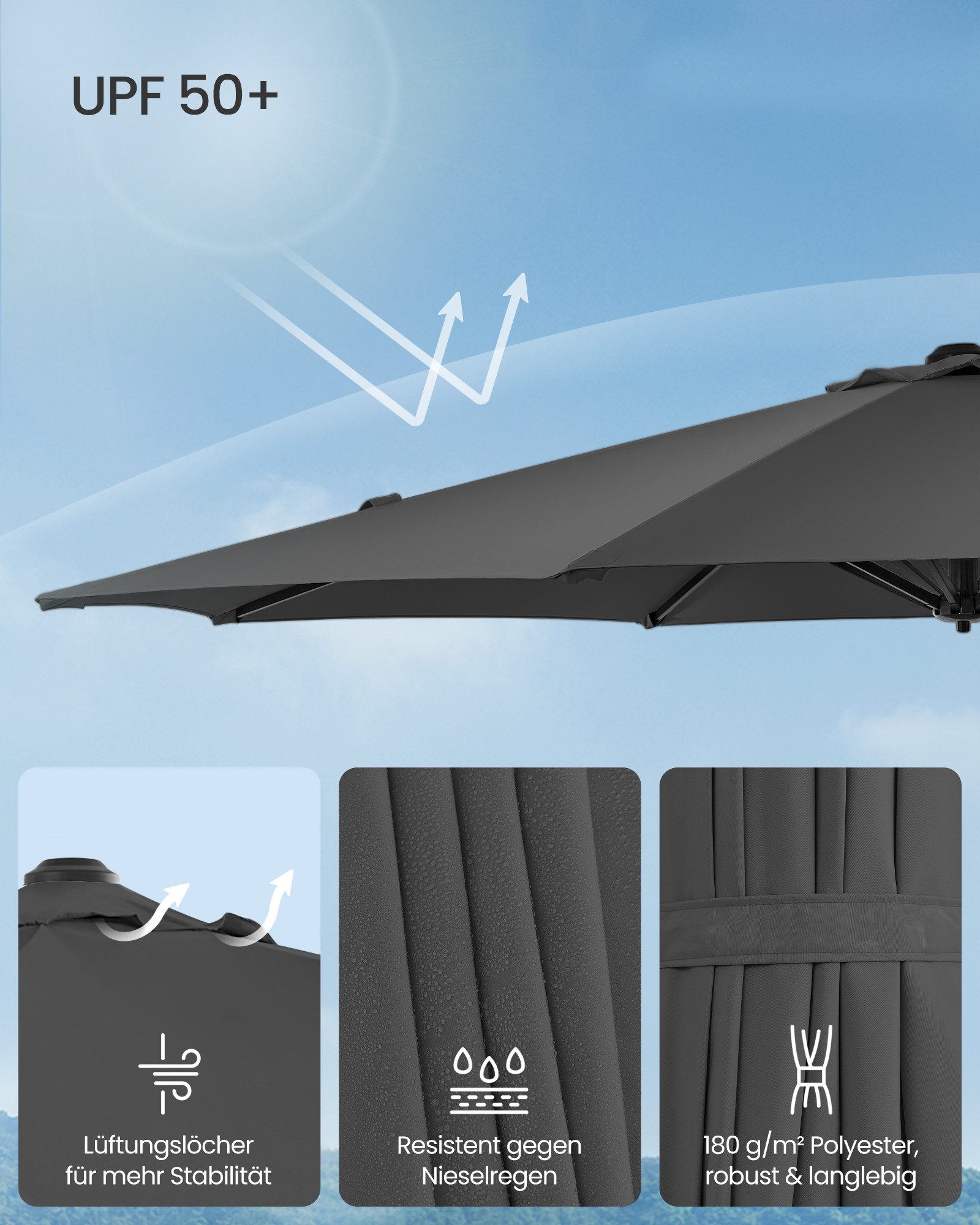 SONGMICS Sonnenschirm, Ampelschirm, ∅300cm, mit/ohne 28 Solar-LED-Leuchten, um 360° drehbar