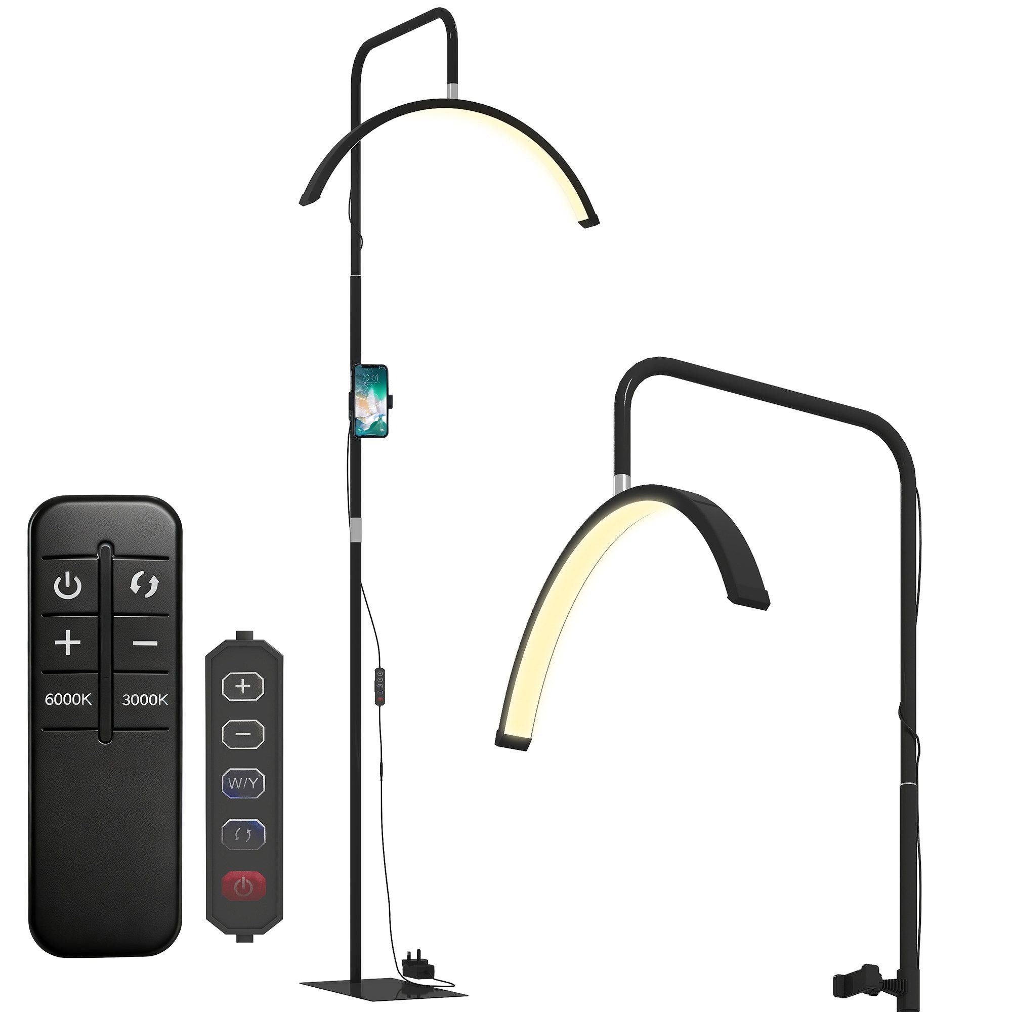 HOMCOM Stehlampe LED Halbmond Wimpern Lampe mit Telefonhalter, Dimmfunktion, LED fest integriert, Tageslichtweiß, für Wimpernverlängerung, Tattoo, Nägel, Hautp