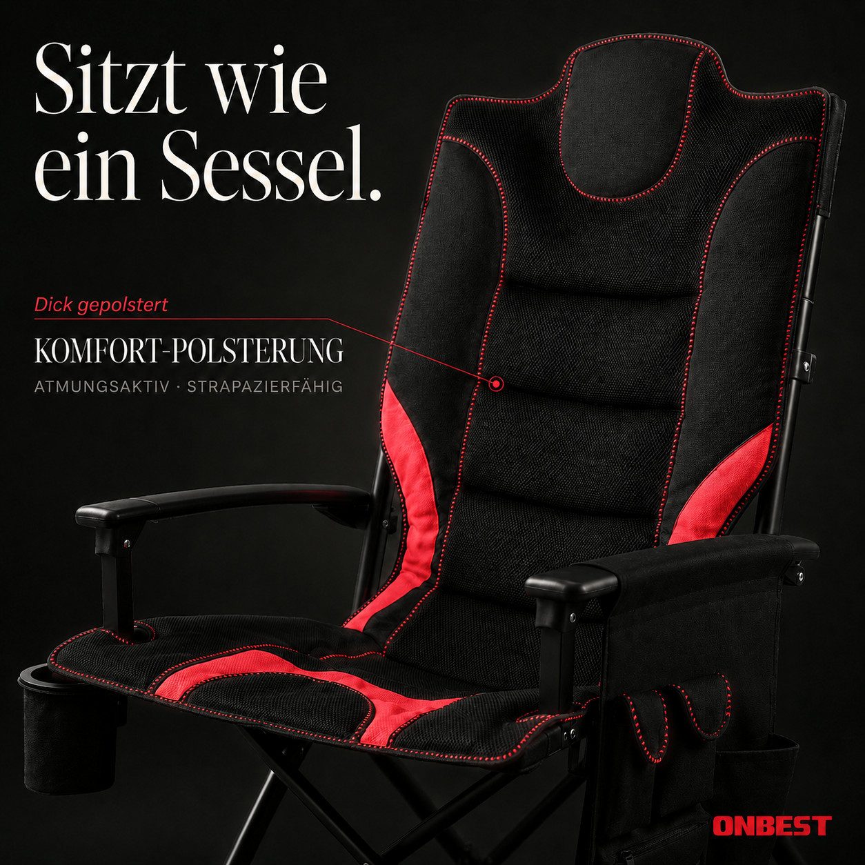 Onbest Campingstuhl faltbar bis 150kg inklusive Tragetasche, Gepolstert, Getränkehalter, Rückentasche