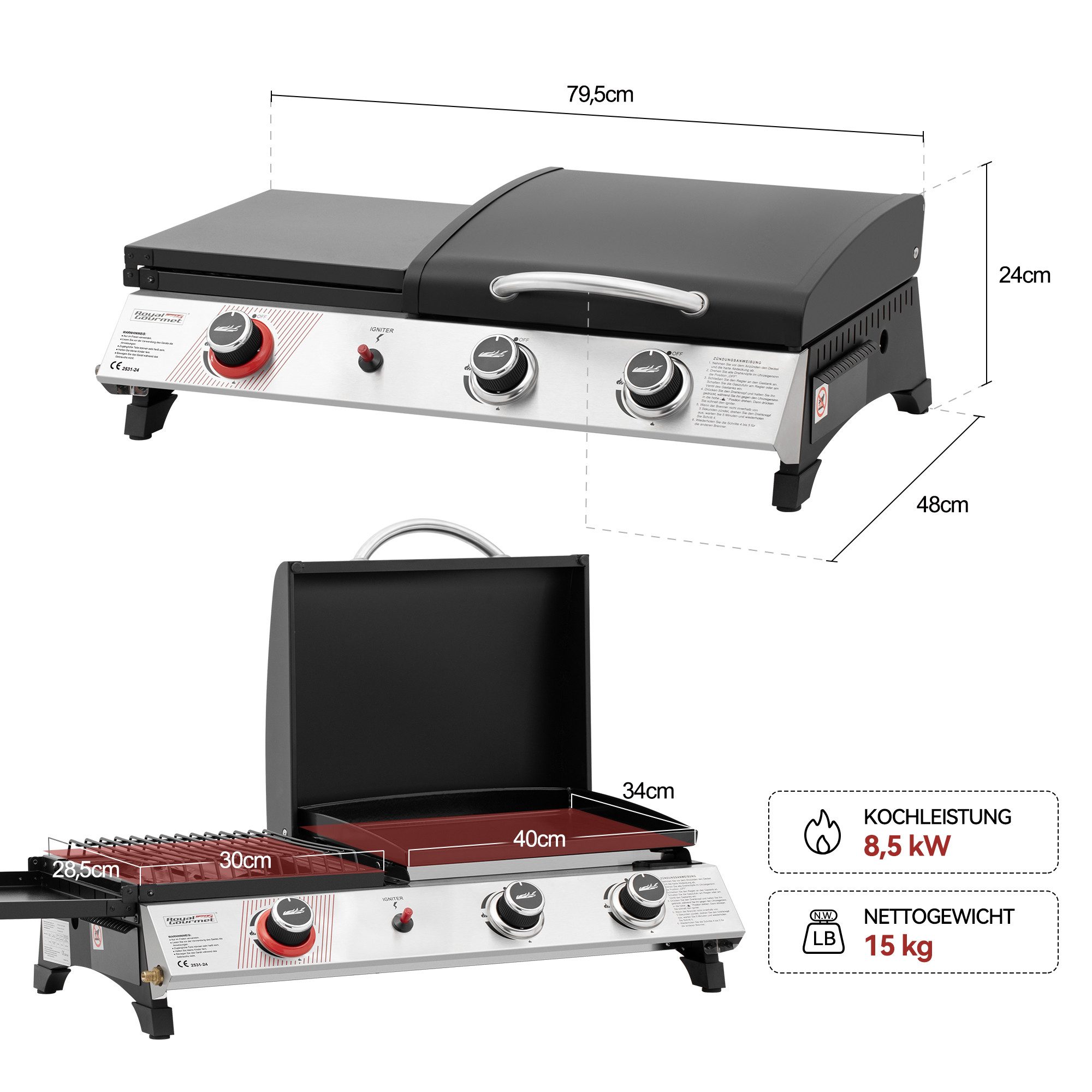 Royal Gourmet Gasgrill 3-Brenner Gasgrill, 3-in-1 Tischgrill für Grillen, Braten und Kochen, Tragbarer Campinggrill mit Klapp-Seitenablage und 8,5 kW Leistung
