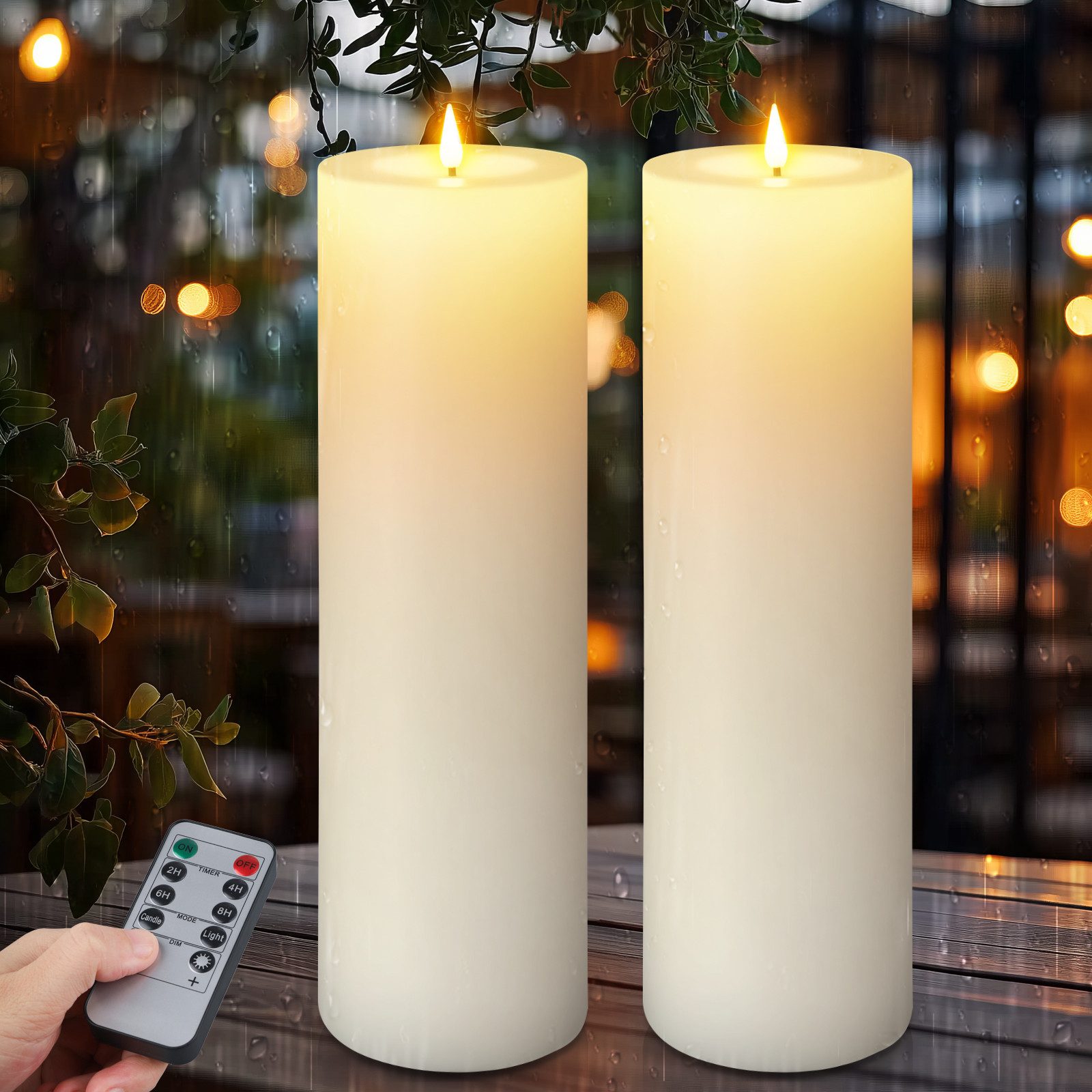 Kimjo LED-Kerze 10×35cm, wasserdicht outdoor, flackernde Flamme (2-tlg., Ohne mitgelieferte Batterien), Fernbedienung & Timer, über 500h Leuchtdauer, 2er Set