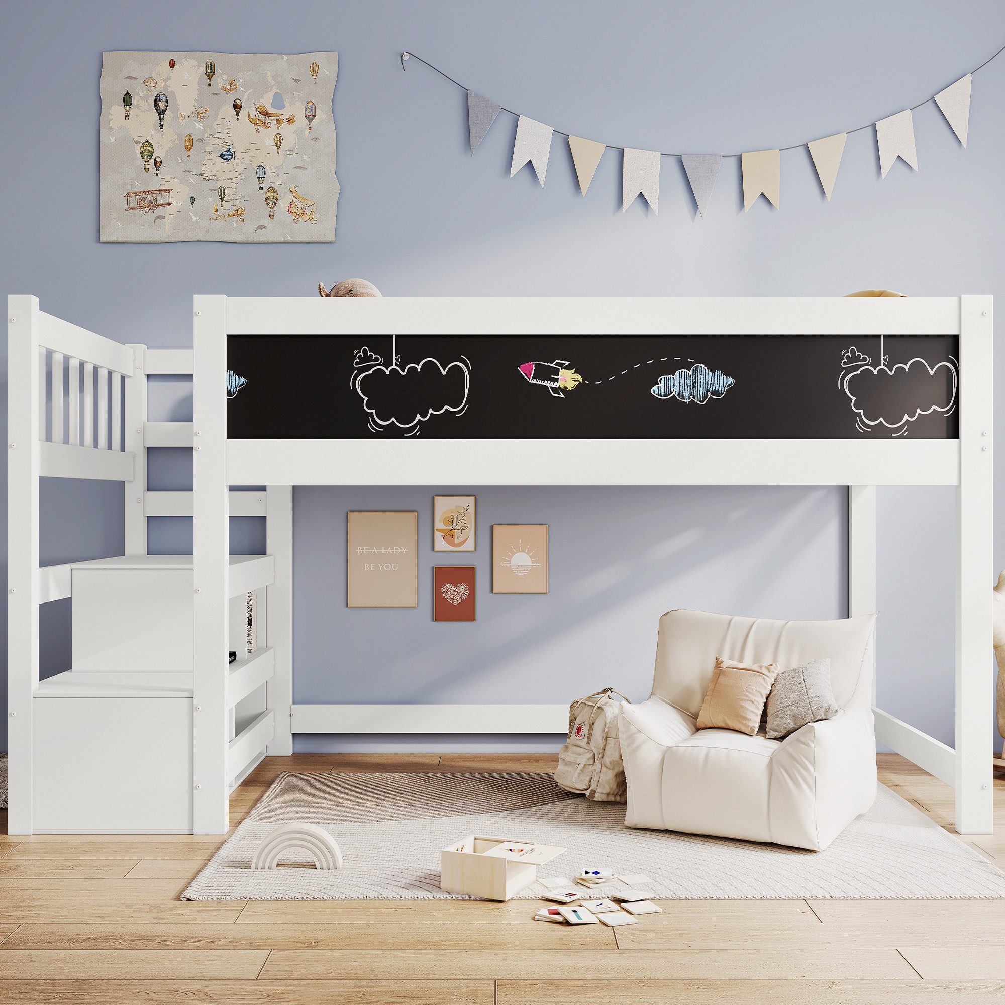 Flieks Kinderbett, Massivholz Hochbett mit Tafel günstig online kaufen