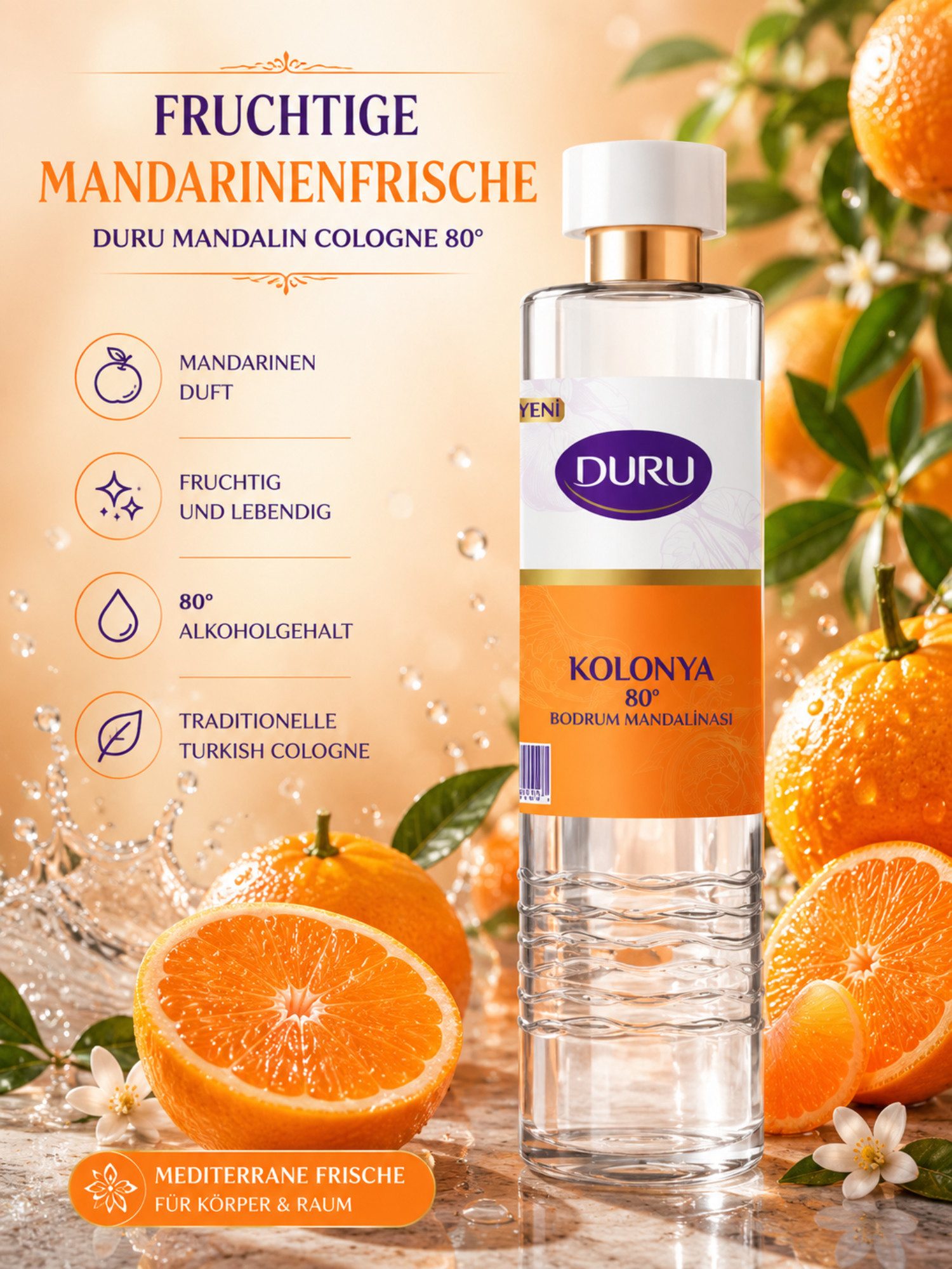DURU Eau de Cologne Duru Premium Cologne Serie, Erfrischendes Kölnisch Wasser, Frischer Mandarinenduft, 80° Alkoholgehalt, Pet-flasche, 400 ml Inhalt