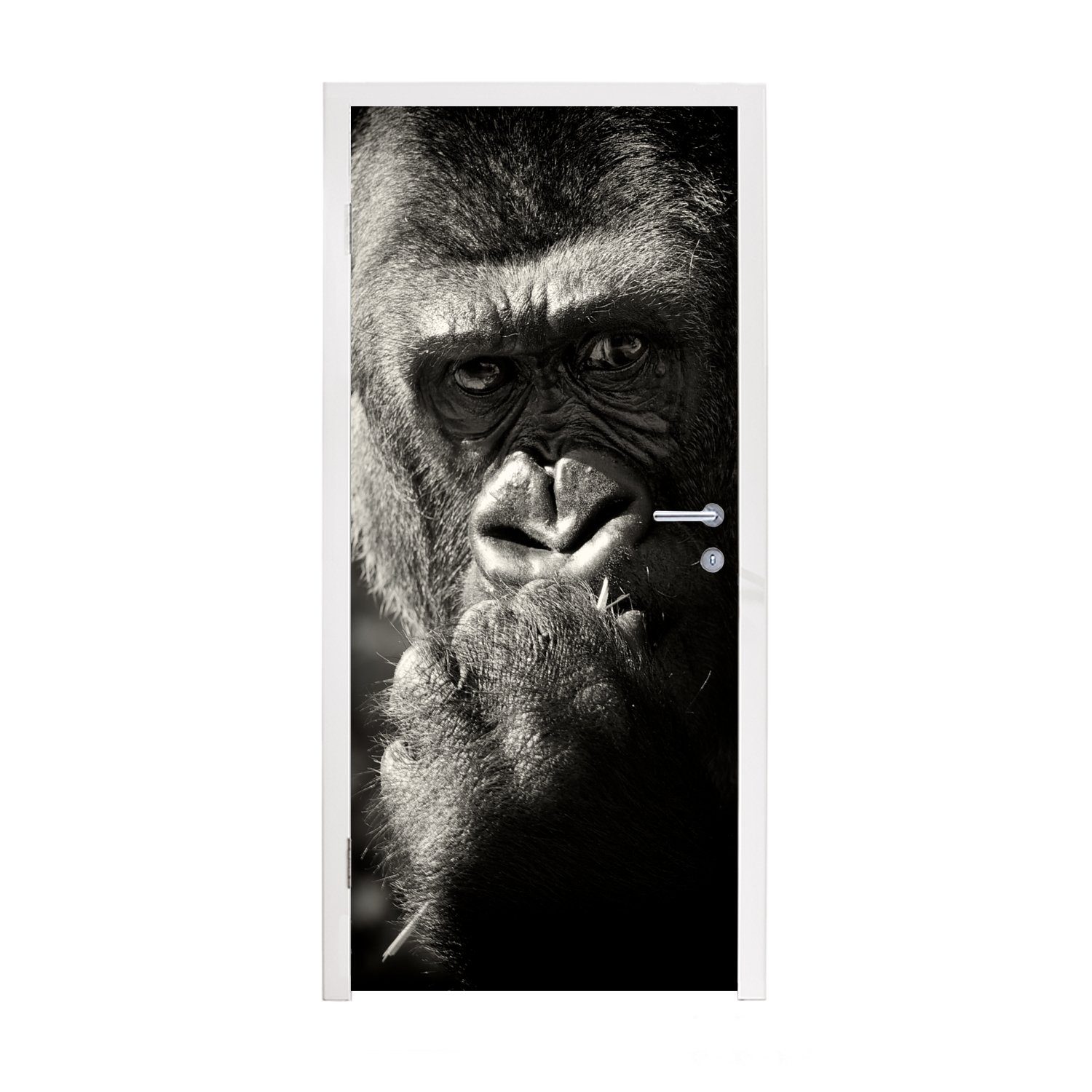 MuchoWow Türtapete Gorilla auf schwarzem Hintergrund in Schwarz und Weiß, Matt, bedruckt, (1 St), Selbstklebende Tapete, Folie für Möbel, 75x205 cm