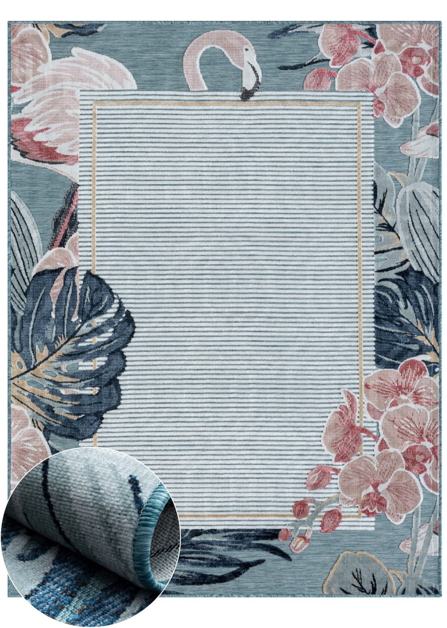 Wohnando Teppich MY-RUG Outdoor-Teppich "Kairos" 150x80 cm, blau, rechteckig, Höhe: 8 mm, mit floralem Hoch-Tief-Design mit Flamingo, für Balkon und Garten