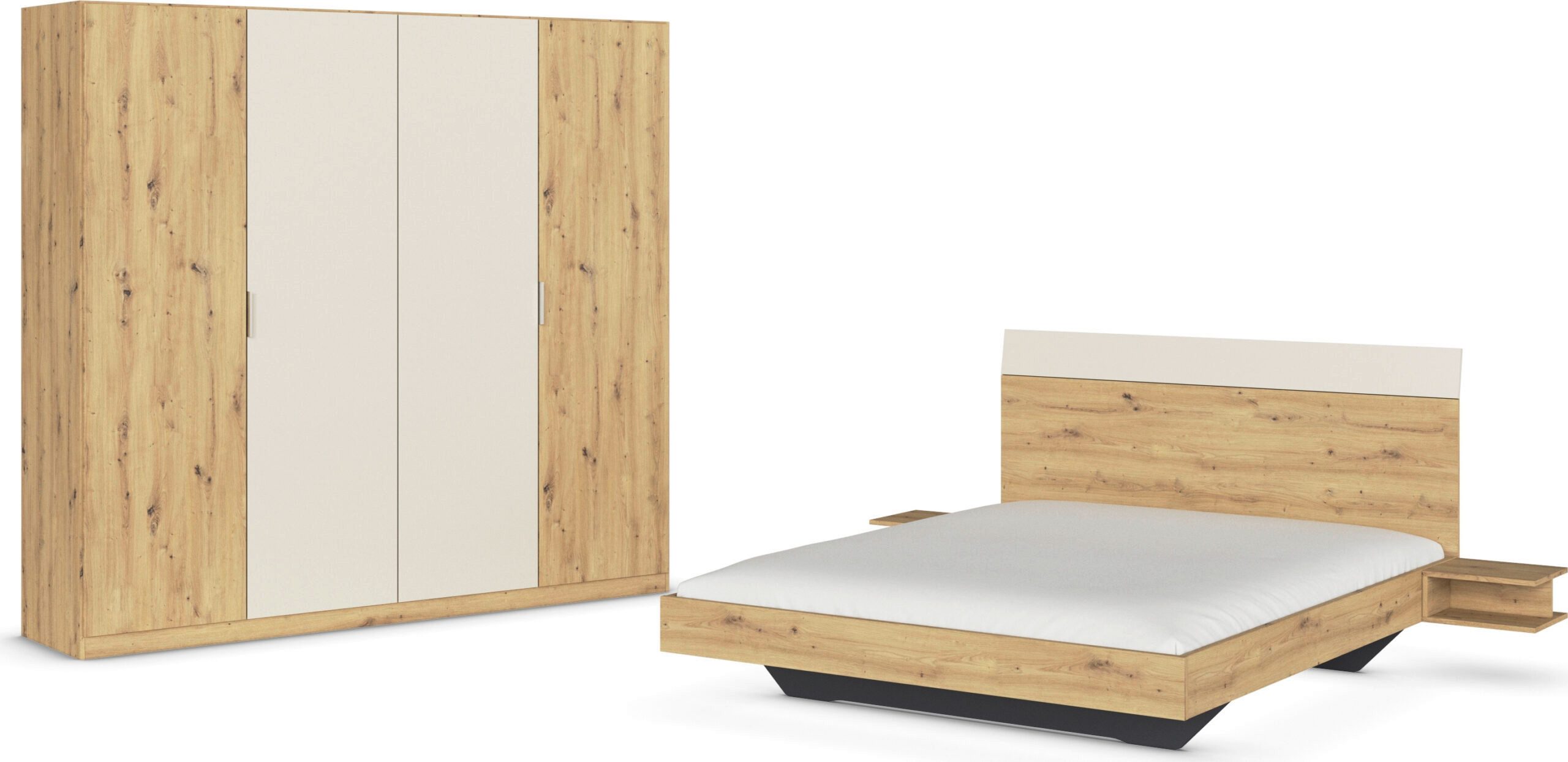 möbel-direkt.de Komplettschlafzimmer Monza im Dekor Eiche Artisan und Beige mit Drehtürenschrank, (Komplett-Set, mit verschiedenen Bettgrößen wählbar), Made in Germany