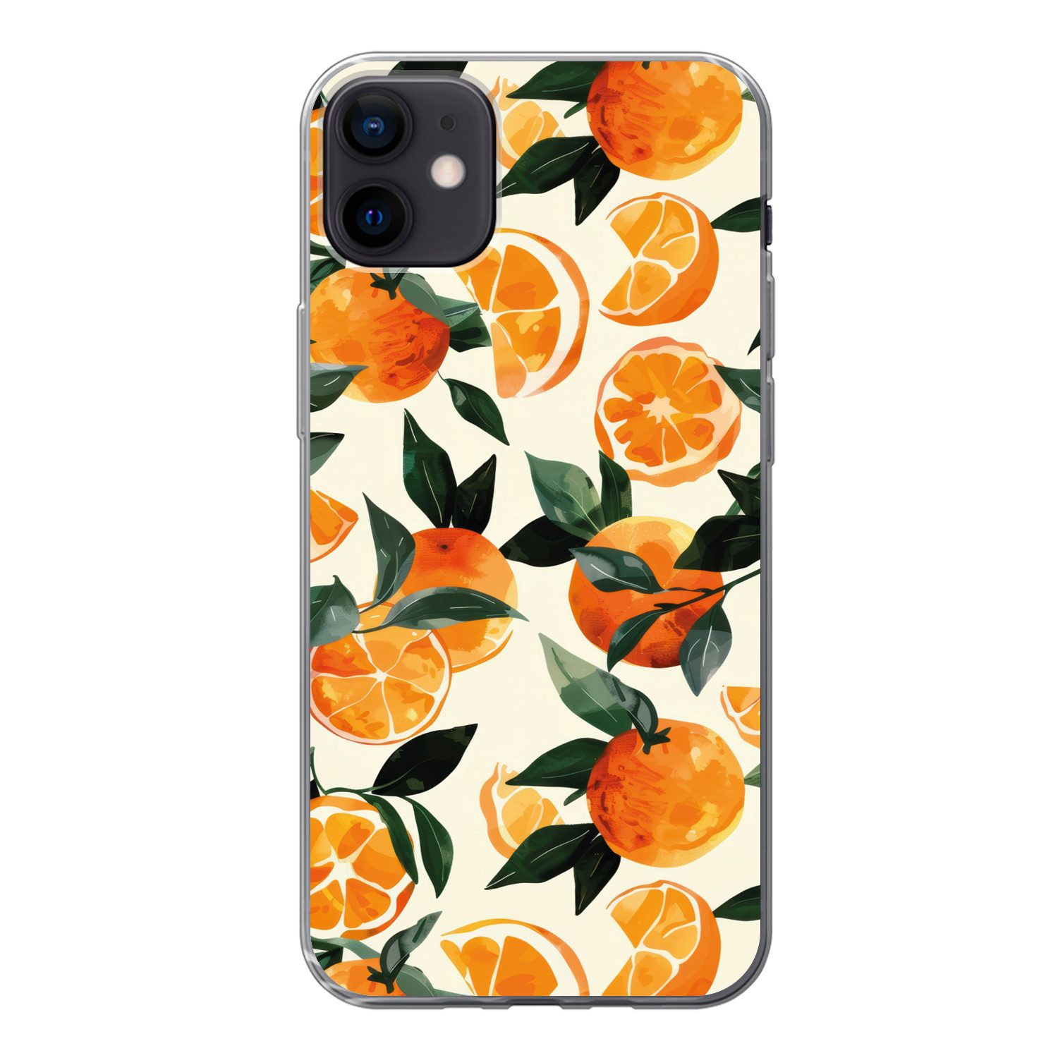 MuchoWow Handyhülle für Apple iPhone 12 mini Orangen - Früchte - Blätter - Orange - Grün -, Smartphone-Bumper, Print, Handy Schutzhülle Dünn