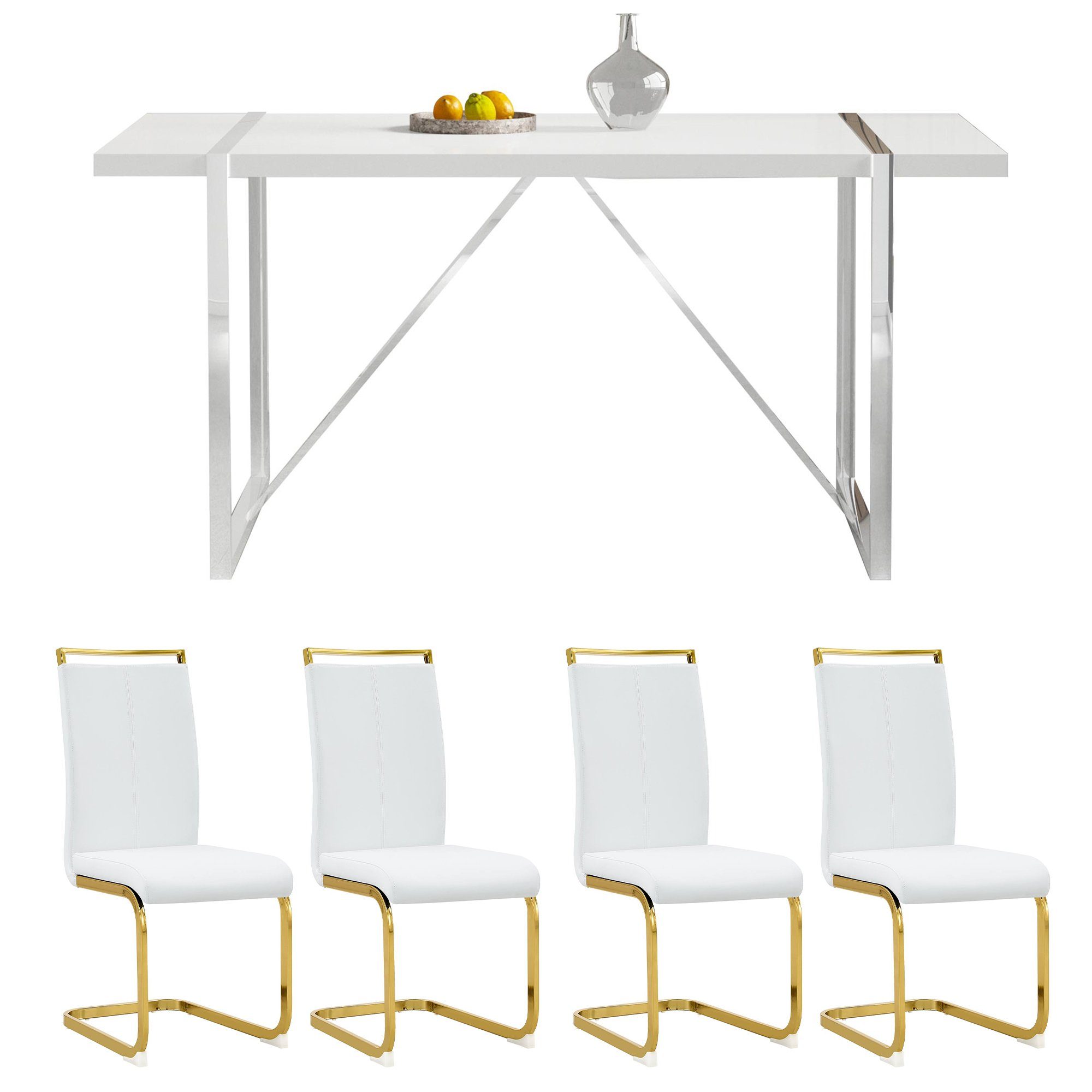 Modernes Esstisch-Set Mit 4 Stühlen – Rechteckiger Tisch 110x70 Cm, Massivholzbeine, Graues Kunstleder
