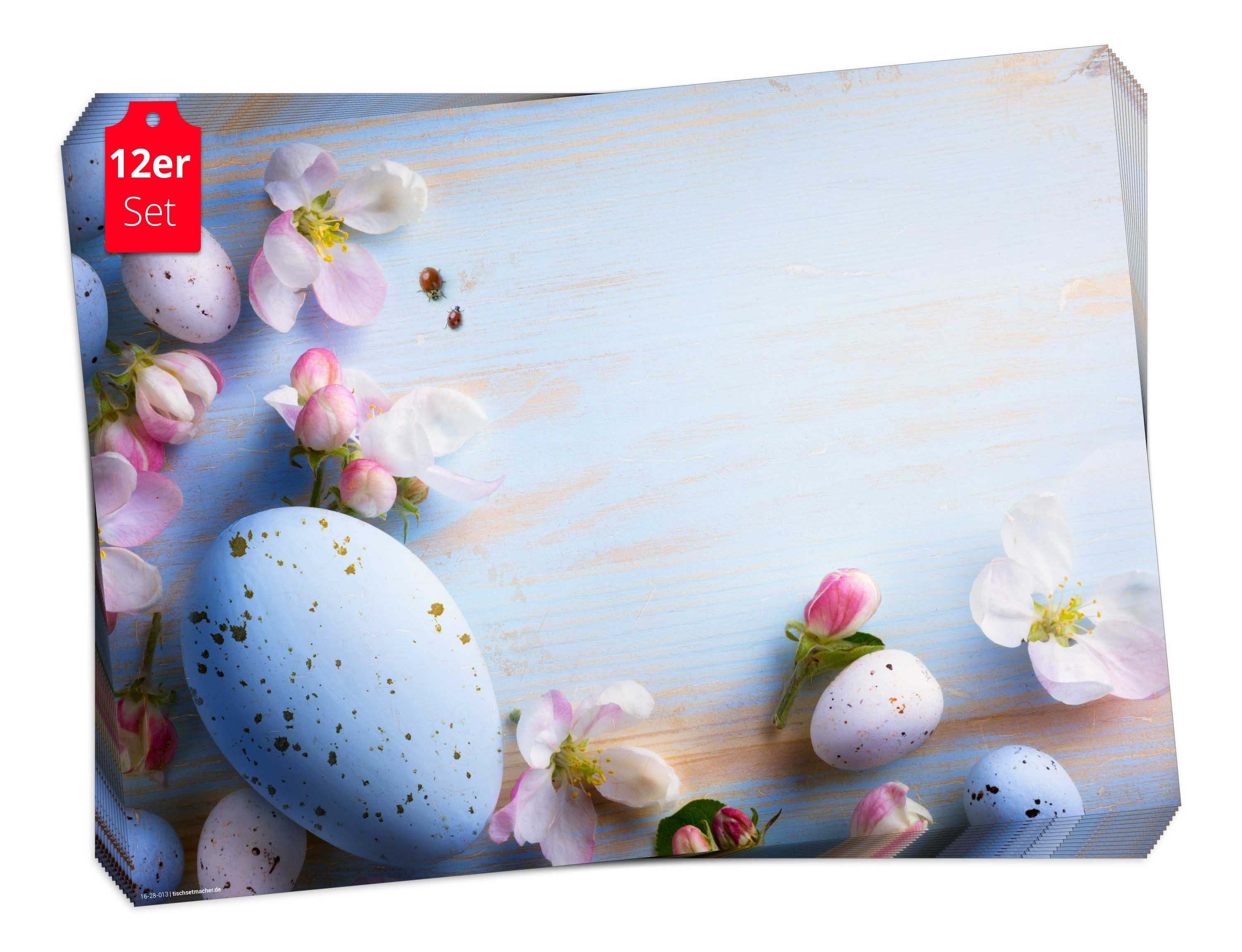 Platzset, Tischset Frühling, Ostern & Blumen - Ostereier mit Blüten, Tischsetmacher, (aus Naturpapier in Aufbewahrungsmappe, 12-St., 44 x 32 cm / blau), Made in Germany