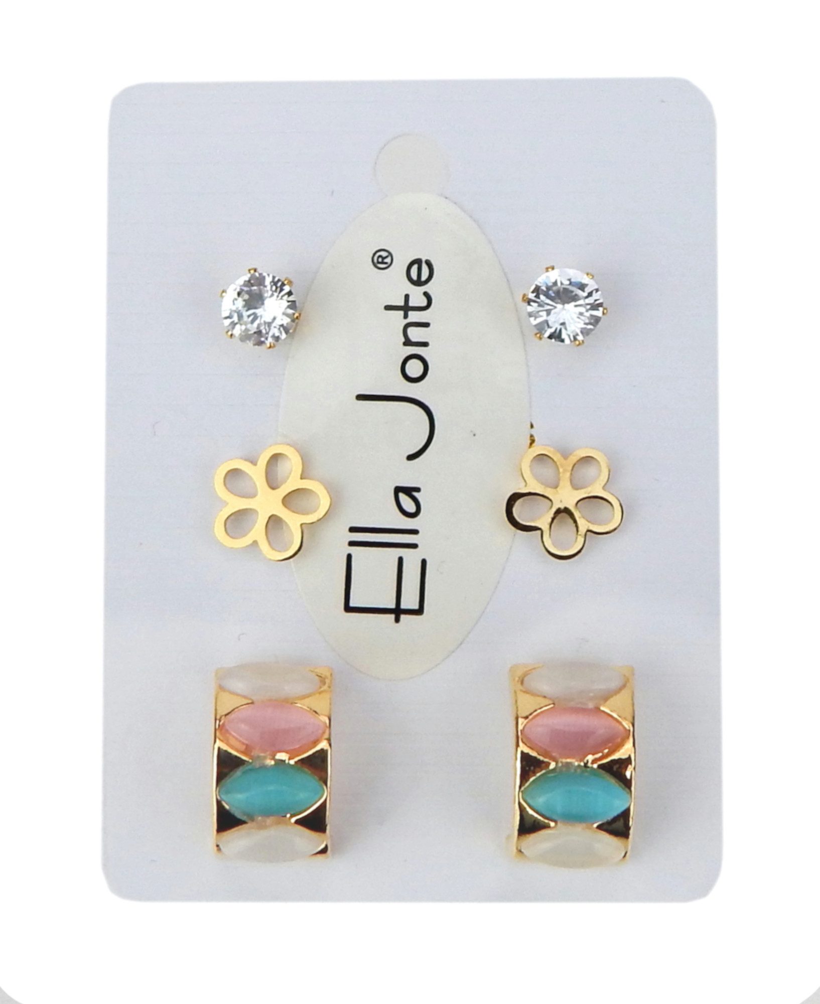 Ella Jonte Ohrring-Set, Halb Creolen gold und 2 Paar Ohrstecker im Set in Geschenktüte