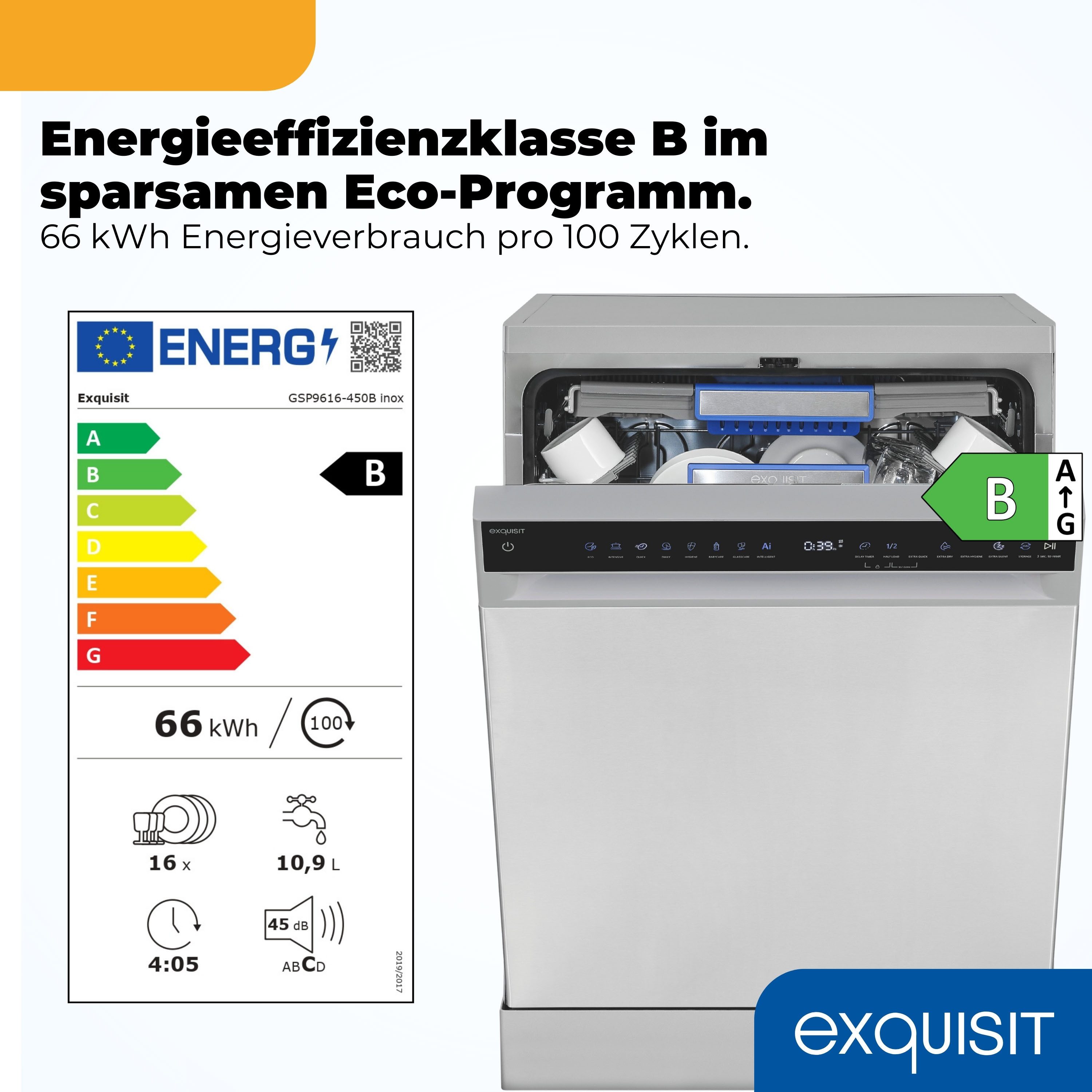 exquisit Standgeschirrspüler 9616 GSP9616-450B inox, 10,9 l, 16 Maßgedecke, 16 Maßgedecke & flüsterleise 44 dB – stark und angenehm ruhig