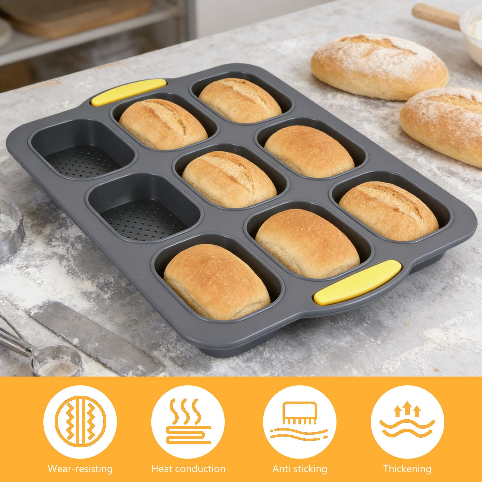 BlingBin Silikonform 2 Stück Brotbackform, 4/9 Hohlräume Antihaft Brötchen Backform, (6er Set 2-tlg), Silikon Baguetteblech mit Isolationshandclip und Ölpinsel für Brot