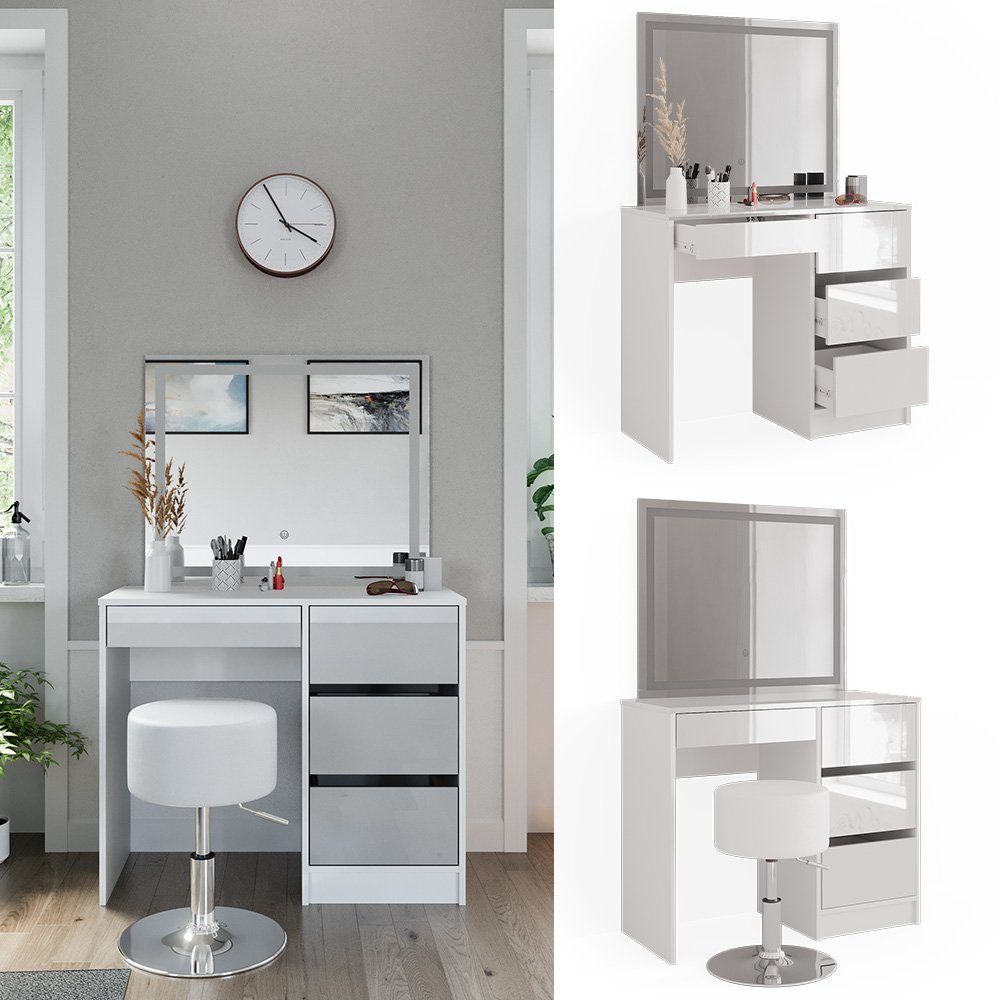 Vicco Schminktisch Sherry, Weiß Hochglanz, 90 cm mit LED-Spiegel und Hocker günstig online kaufen