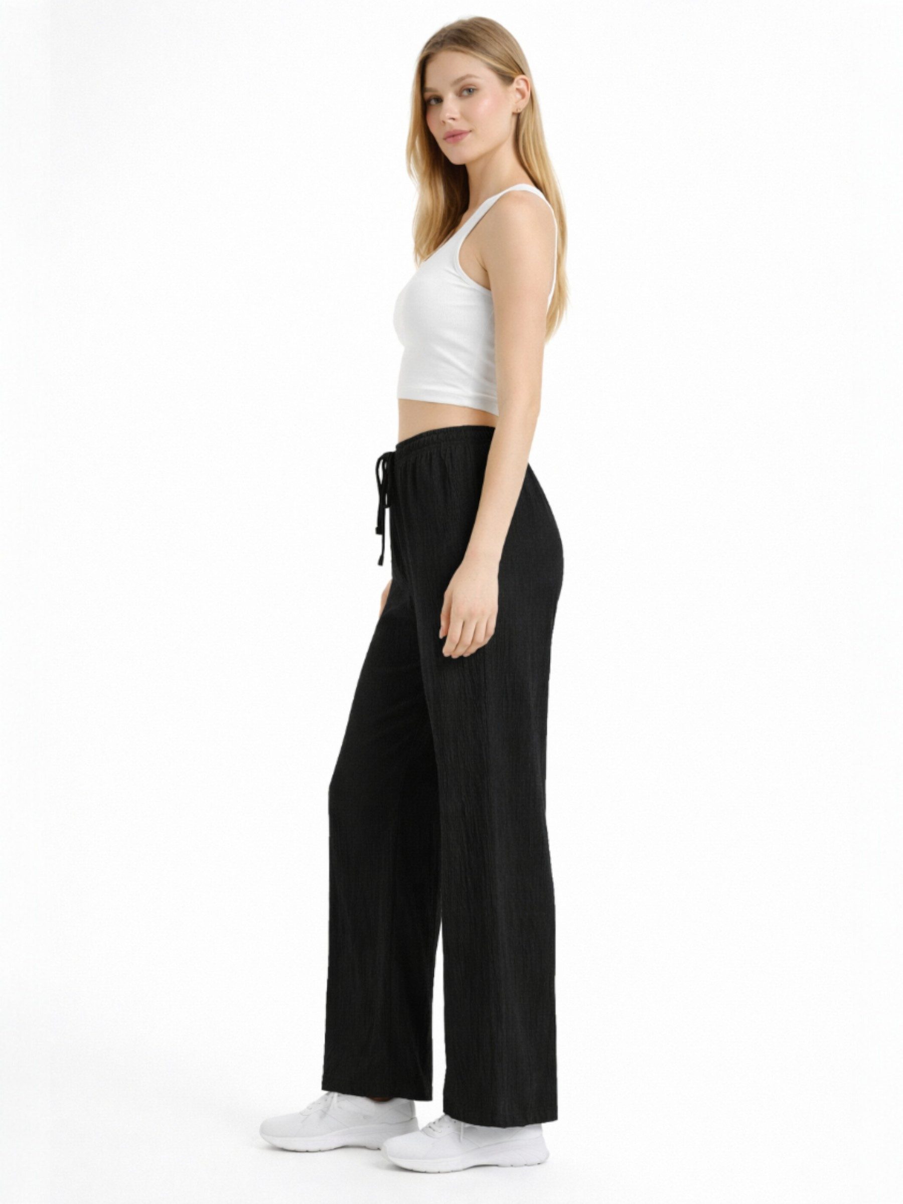 fashionshowcase Palazzohose Damen Crinkle Stoffhose elastischer Bund Tunnelzug weites Bein hoher Bund, elastischer Tunnelzug
